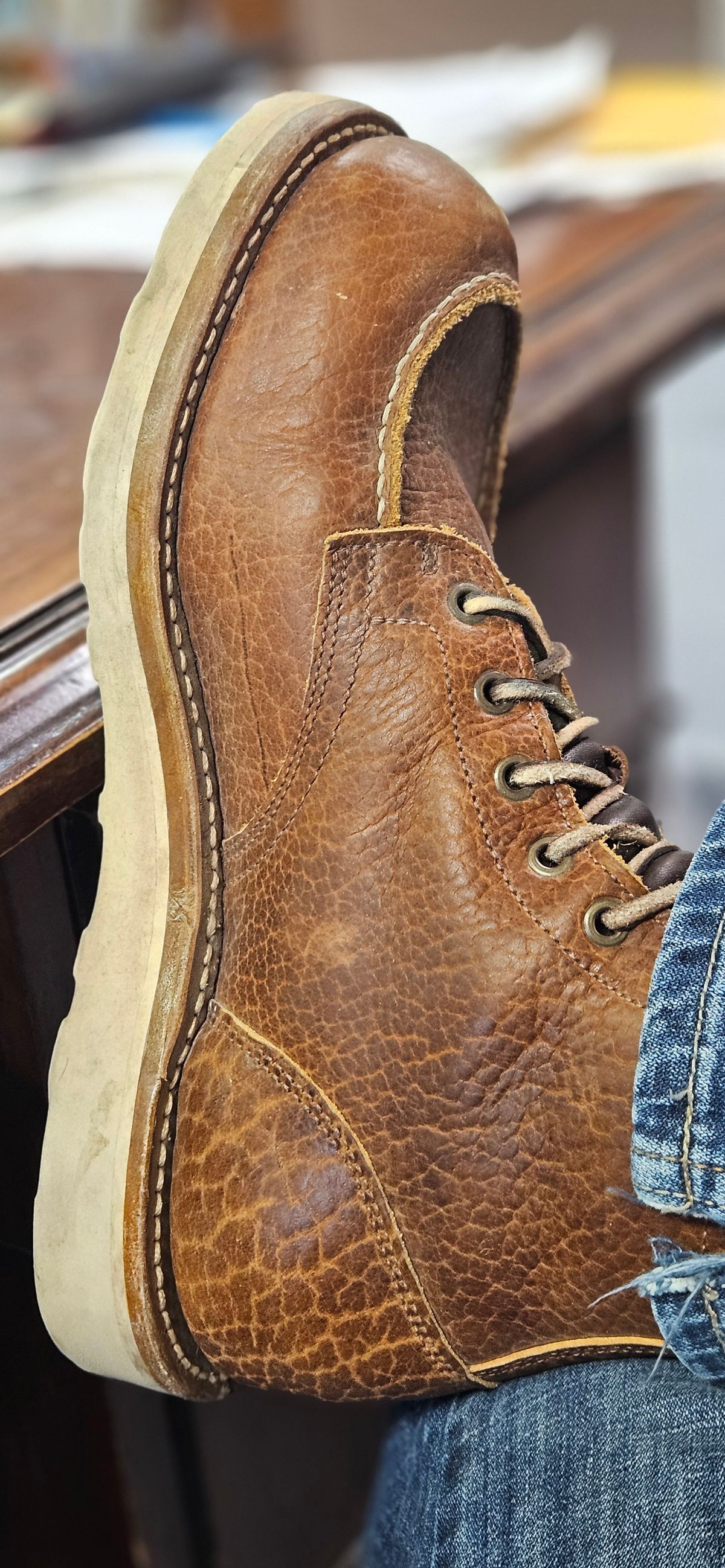 Photo by bro_moc on January 24, 2025 of the Truman Moc Toe in Cognac Shrunken Bison.