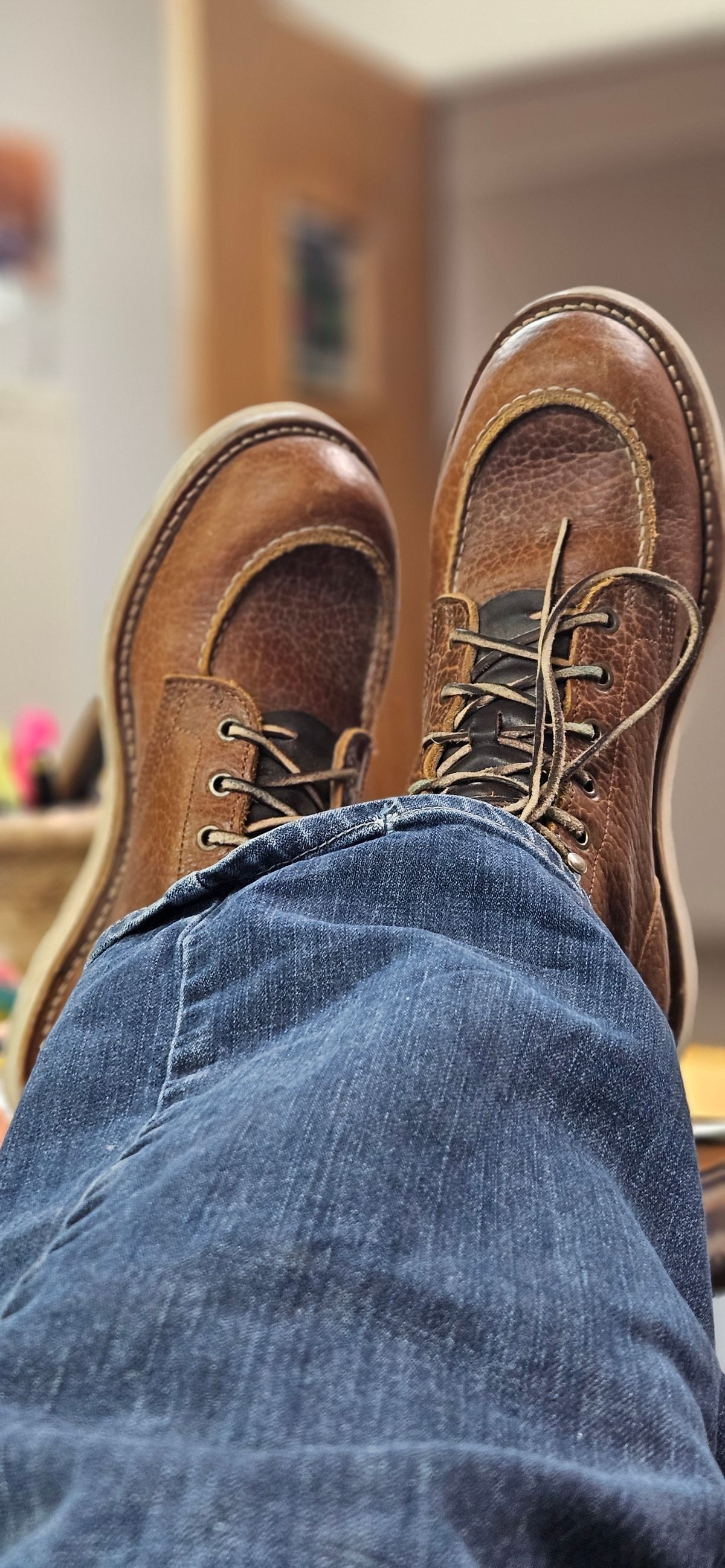 Photo by bro_moc on January 24, 2025 of the Truman Moc Toe in Cognac Shrunken Bison.