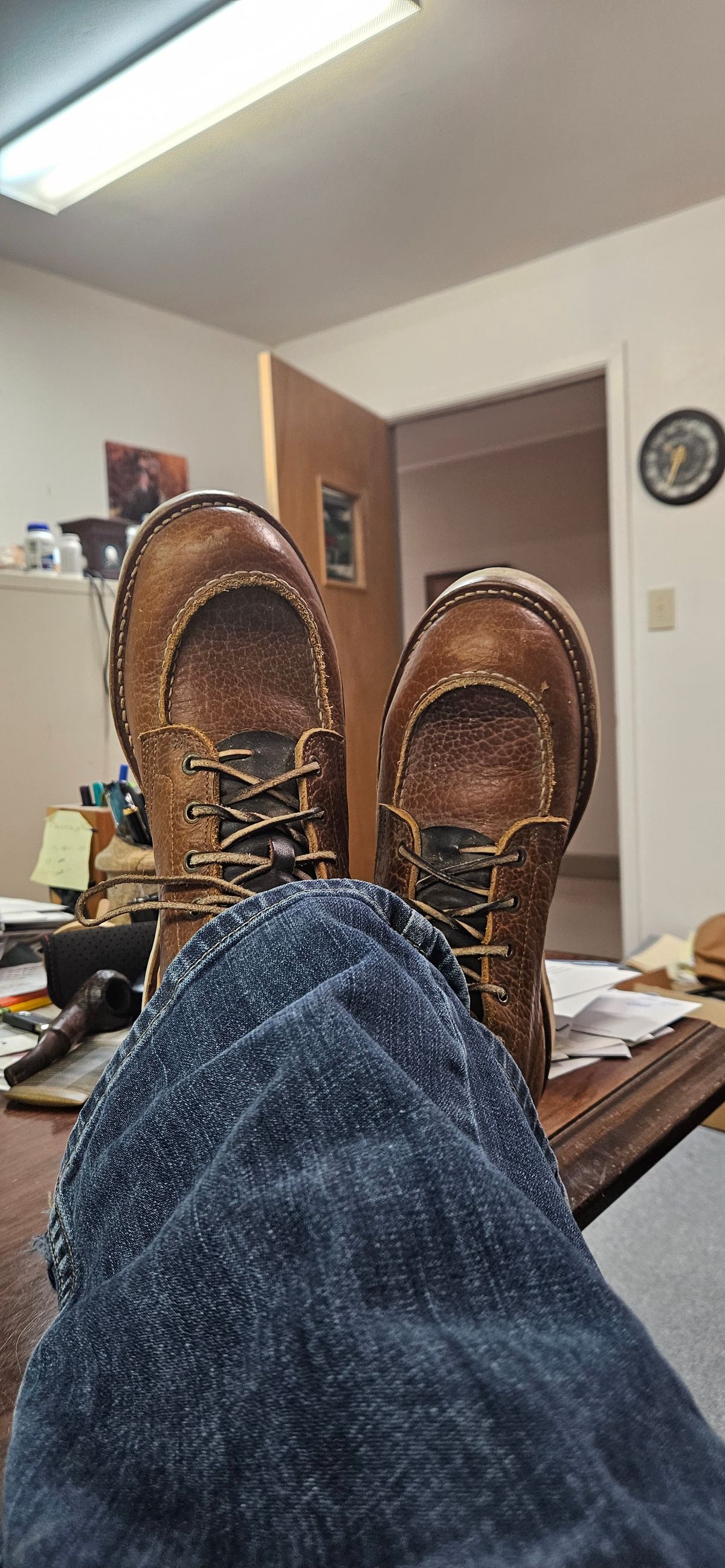 Photo by bro_moc on April 15, 2025 of the Truman Moc Toe in Cognac Shrunken Bison.
