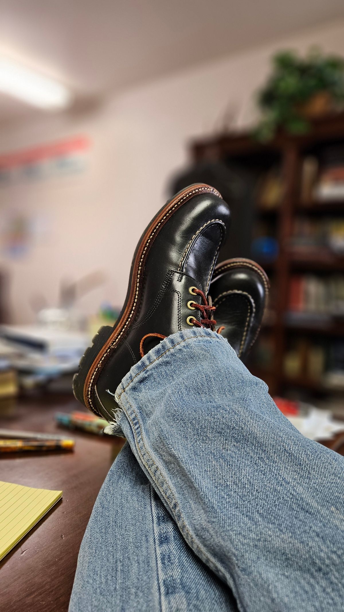 Photo by bro_moc on January 27, 2024 of the Grant Stone Brass Boot in Horween Black Chromexcel.