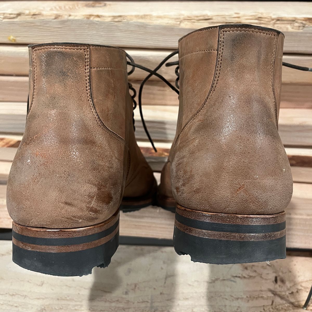 Photo by BoozeHero on January 6, 2024 of the Viberg Service Boot in Horween Natural Crust Double Cordovan.