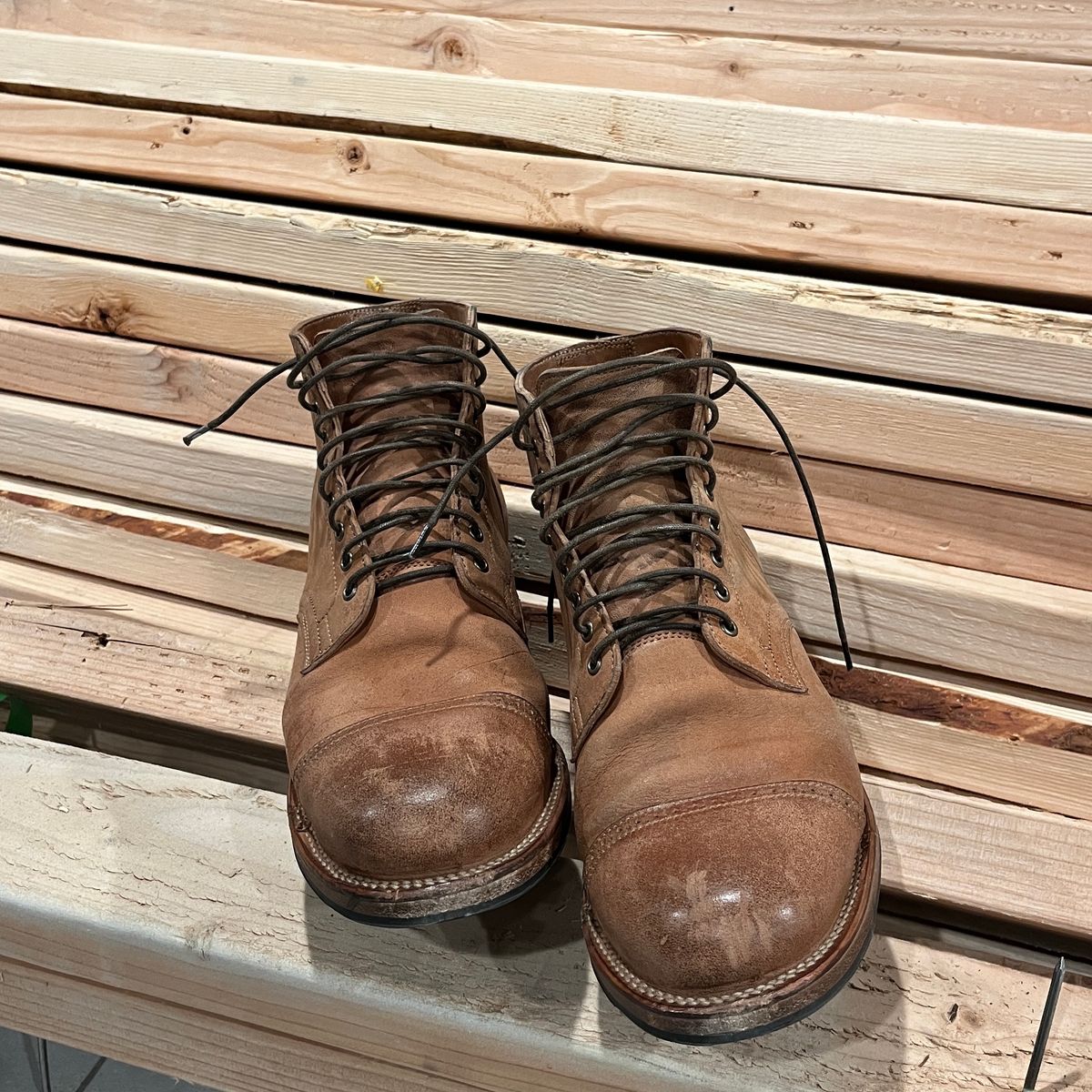 Photo by BoozeHero on January 6, 2024 of the Viberg Service Boot in Horween Natural Crust Double Cordovan.