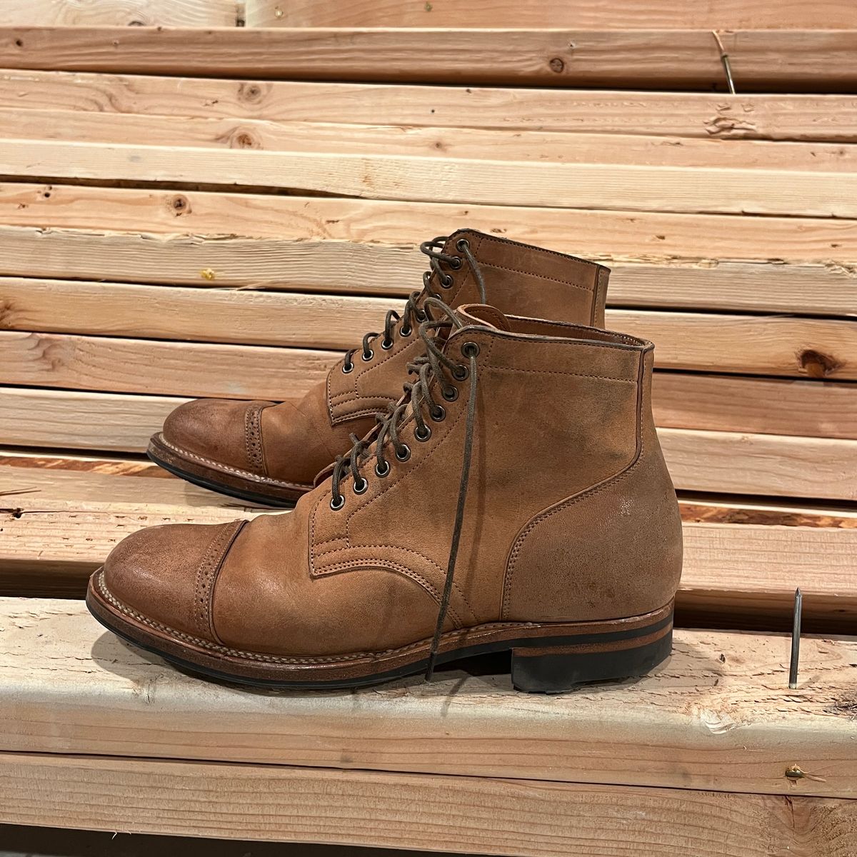 Photo by BoozeHero on January 6, 2024 of the Viberg Service Boot in Horween Natural Crust Double Cordovan.