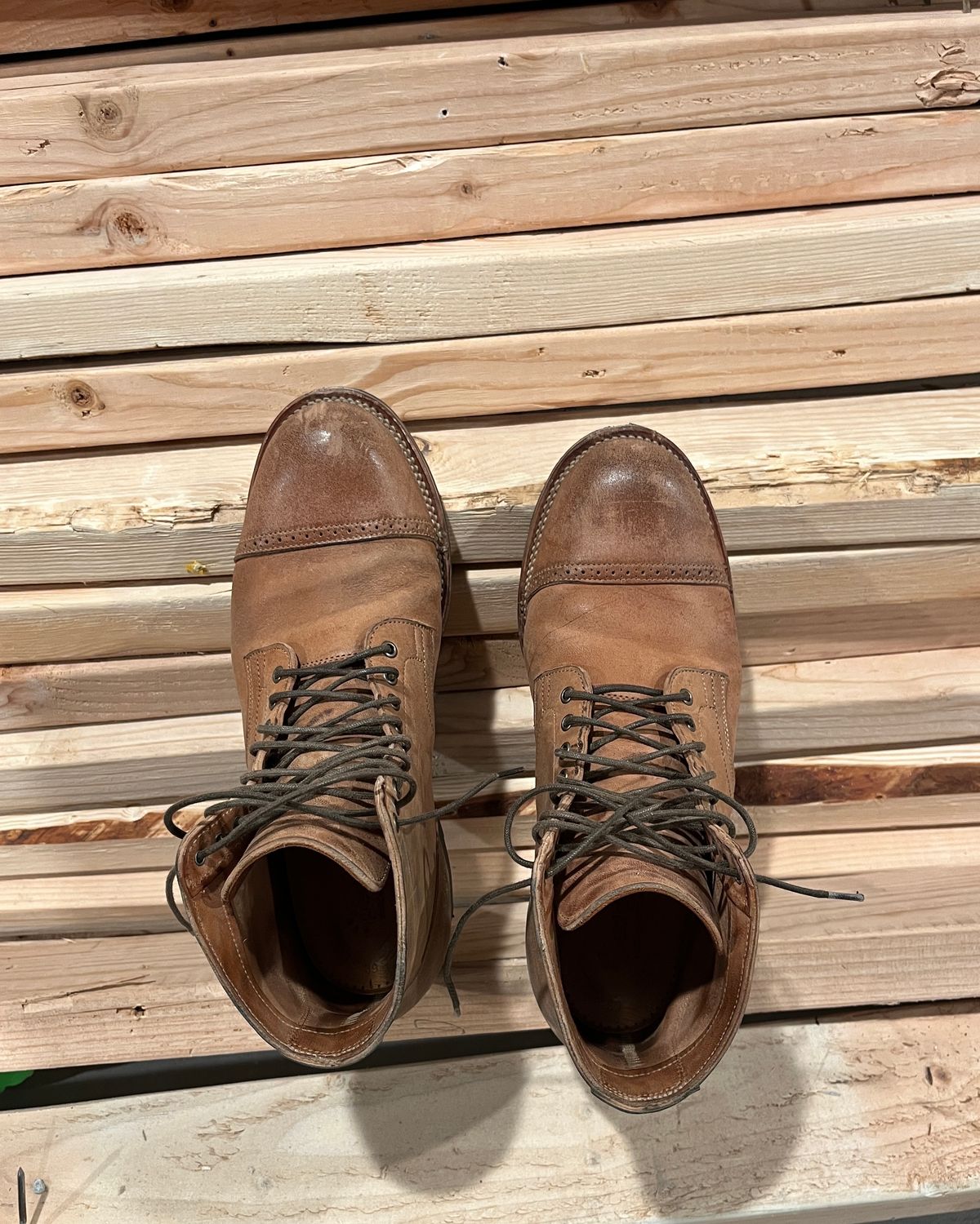 Photo by BoozeHero on January 6, 2024 of the Viberg Service Boot in Horween Natural Crust Double Cordovan.