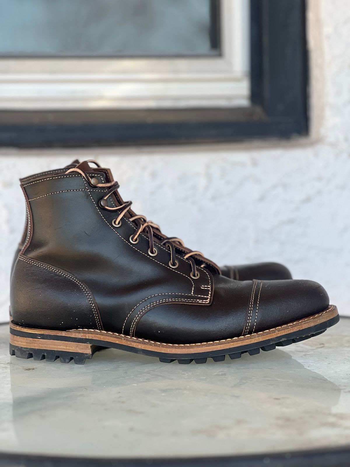 Photo by dandandan on March 2, 2025 of the Truman Cap Toe Boot in Horween Java Waxed Flesh.