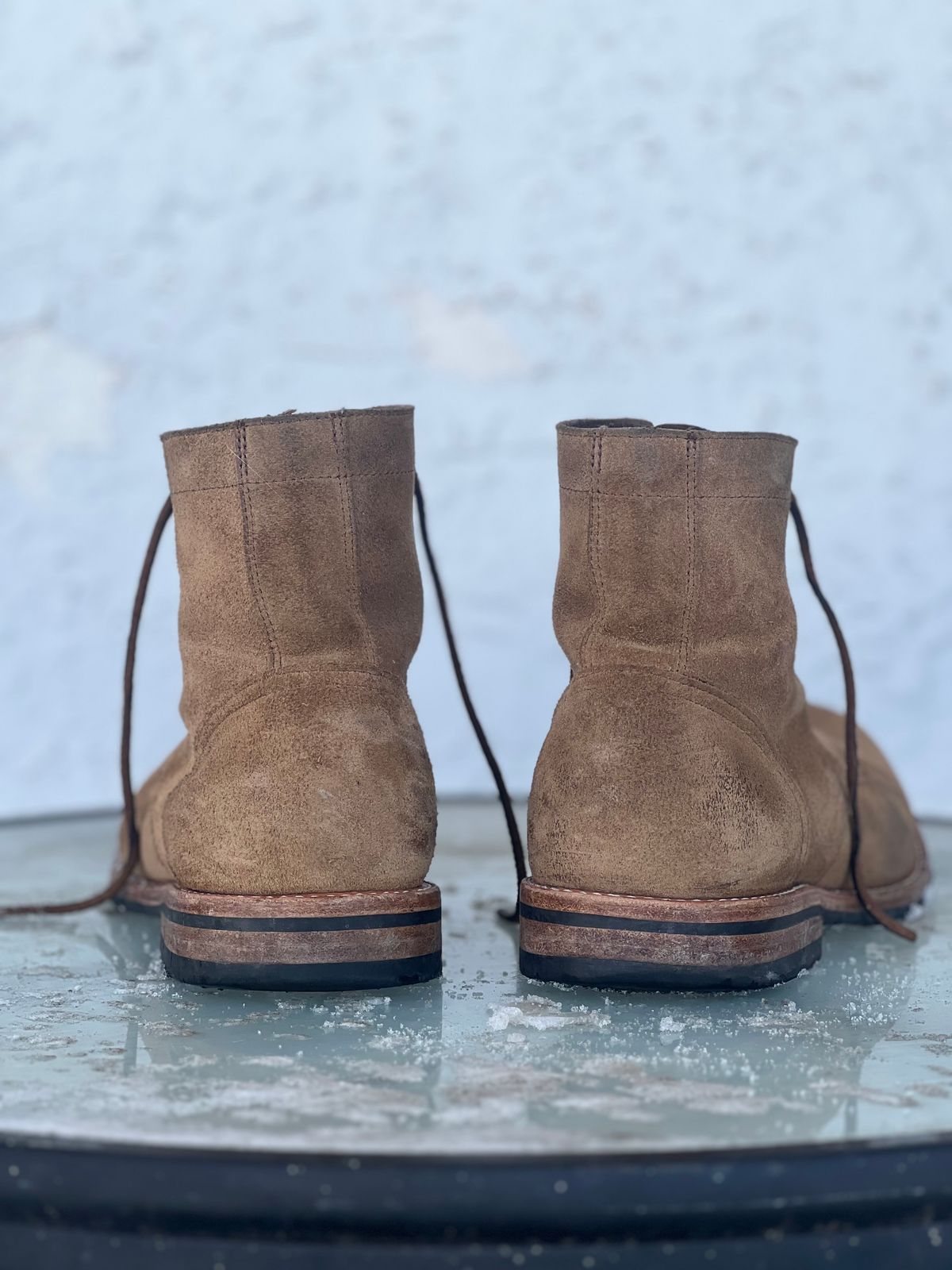 Photo by dandandan on January 25, 2025 of the Oak Street Bootmakers Trench Boot in Horween Natural Chromexcel Roughout.