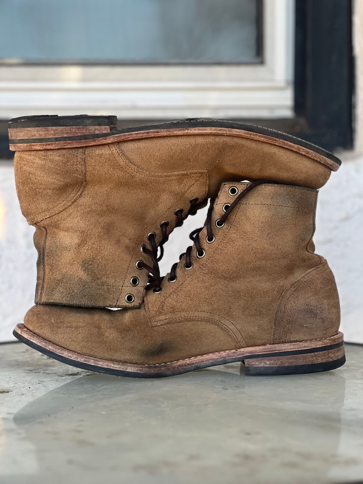 Photo by dandandan on March 2, 2025 of the Oak Street Bootmakers Trench Boot in Horween Natural Chromexcel Roughout.