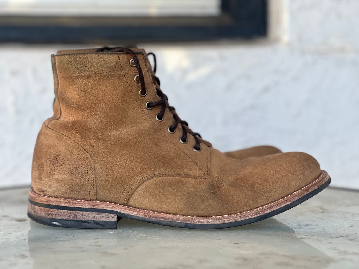 Photo by dandandan on March 2, 2025 of the Oak Street Bootmakers Trench Boot in Horween Natural Chromexcel Roughout.