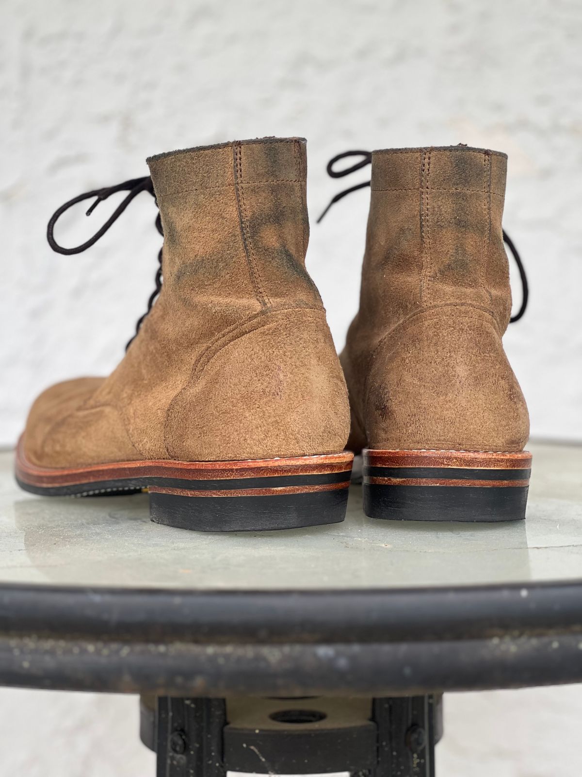 Photo by dandandan on June 28, 2025 of the Oak Street Bootmakers Trench Boot in Horween Natural Chromexcel Roughout.