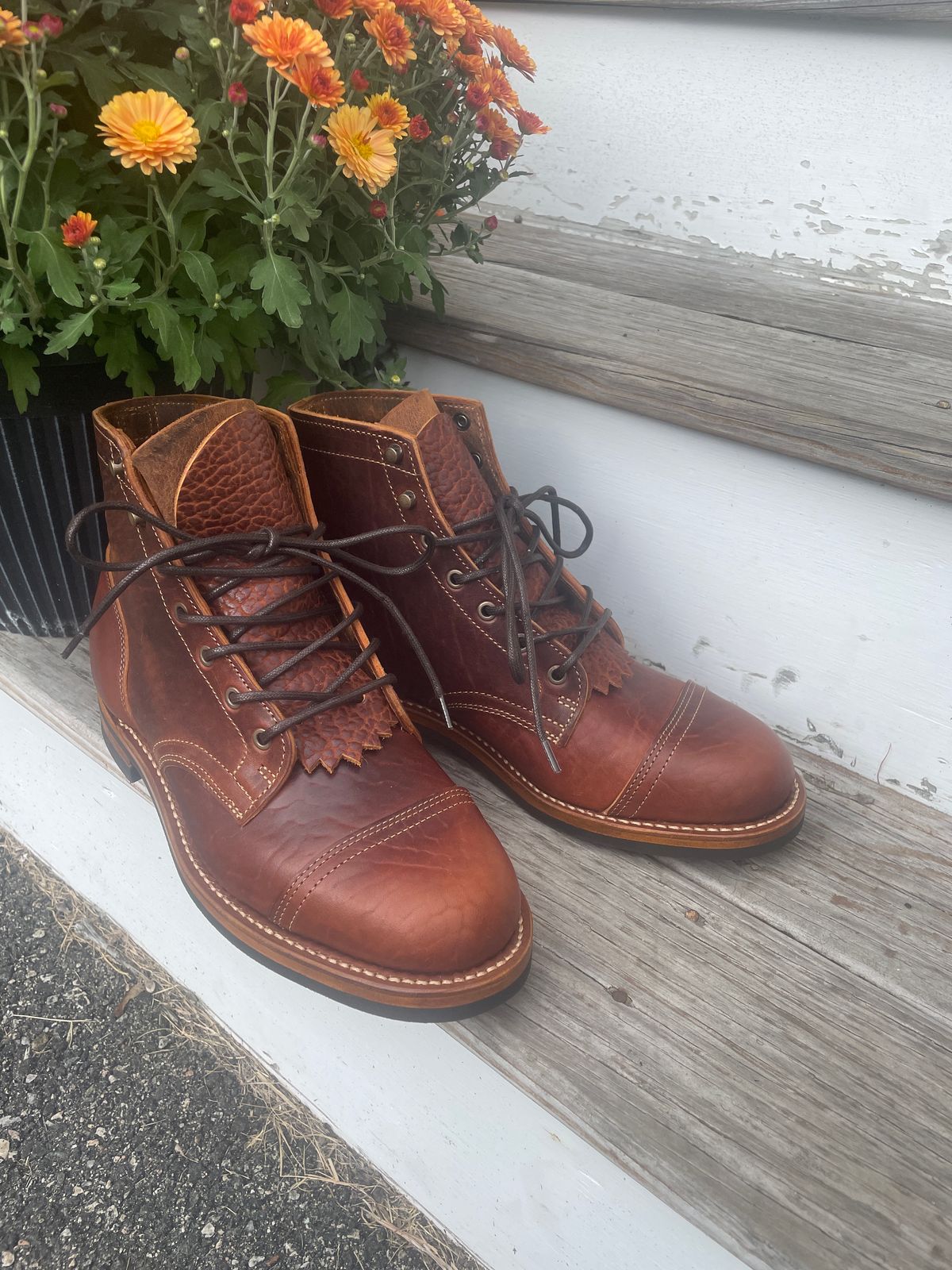 Photo by nomoresayswife on September 24, 2024 of the Truman Cap Toe Boot in Gallun leathers Cognac Horse Rump.