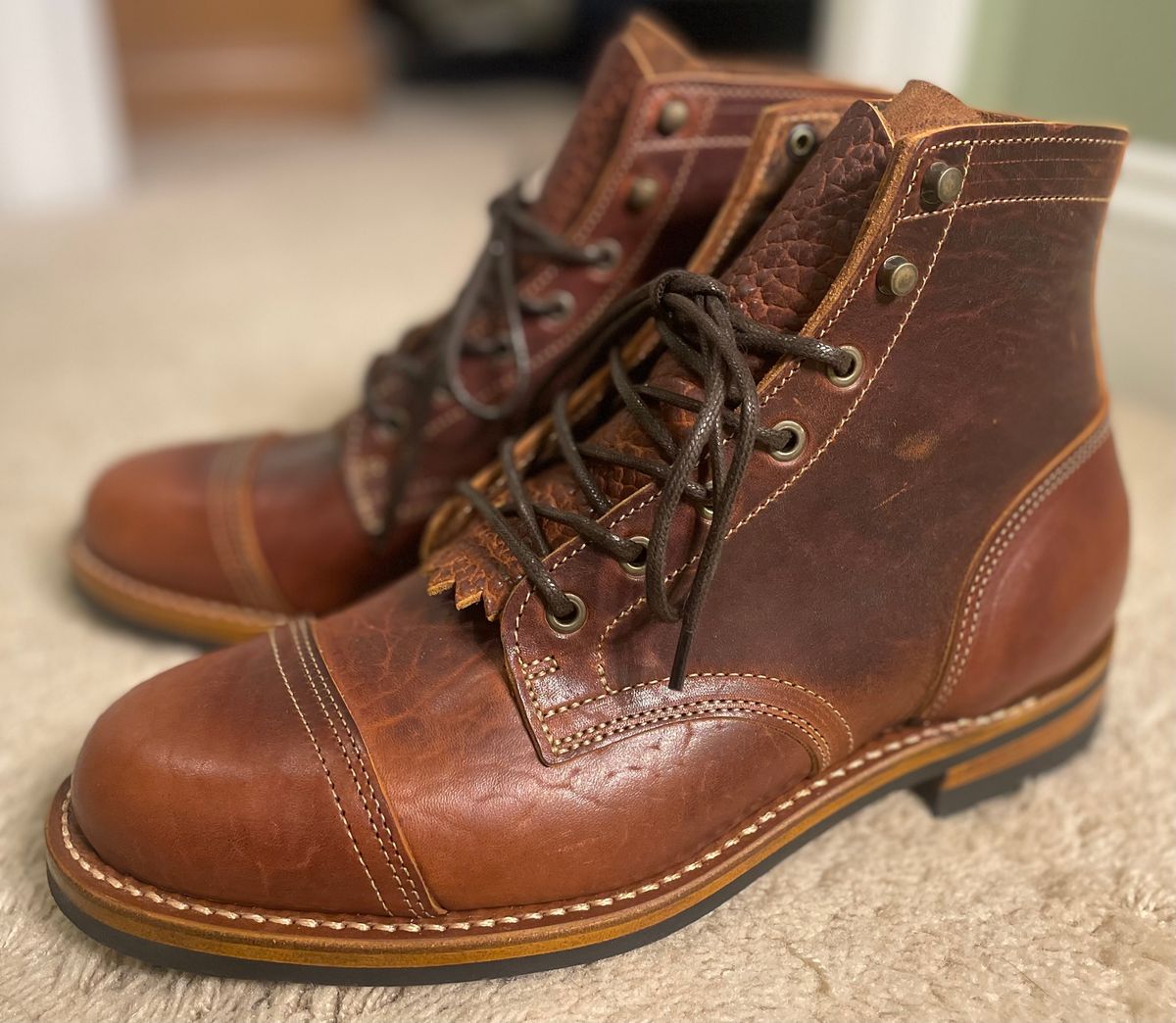 Photo by nomoresayswife on October 1, 2024 of the Truman Cap Toe Boot in Gallun leathers Cognac Horse Rump.