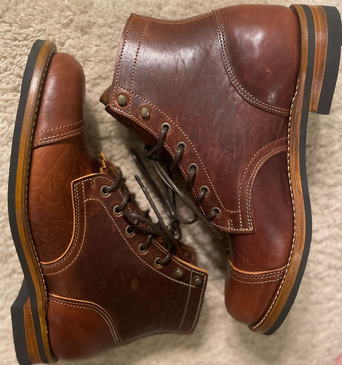 Photo by nomoresayswife on October 1, 2024 of the Truman Cap Toe Boot in Gallun leathers Cognac Horse Rump.