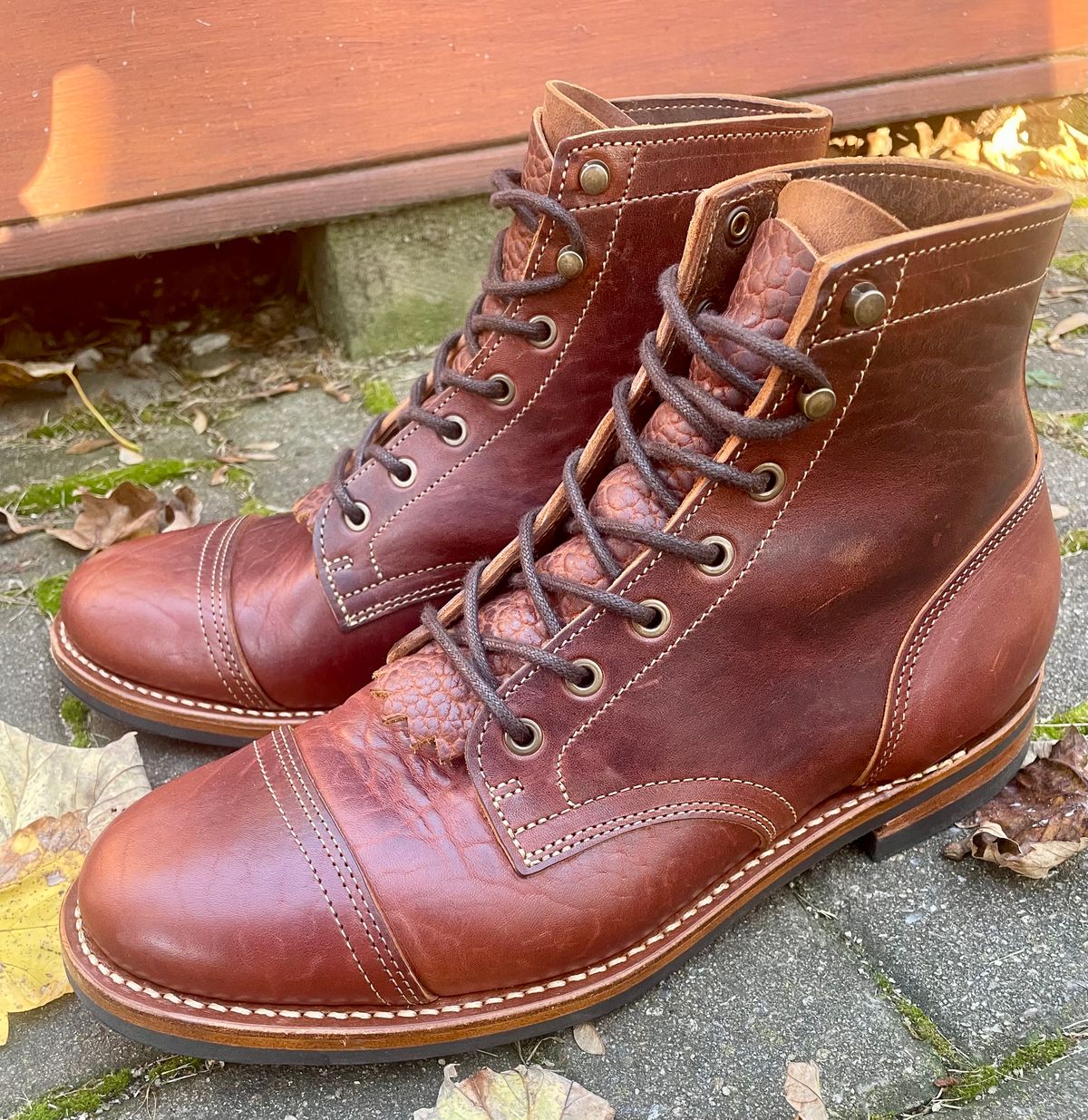 Photo by nomoresayswife on November 1, 2024 of the Truman Cap Toe Boot in Gallun leathers Cognac Horse Rump.