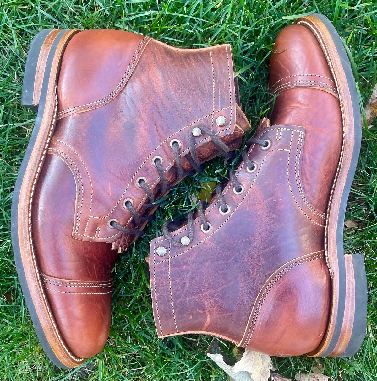 Photo by nomoresayswife on November 1, 2024 of the Truman Cap Toe Boot in Gallun leathers Cognac Horse Rump.