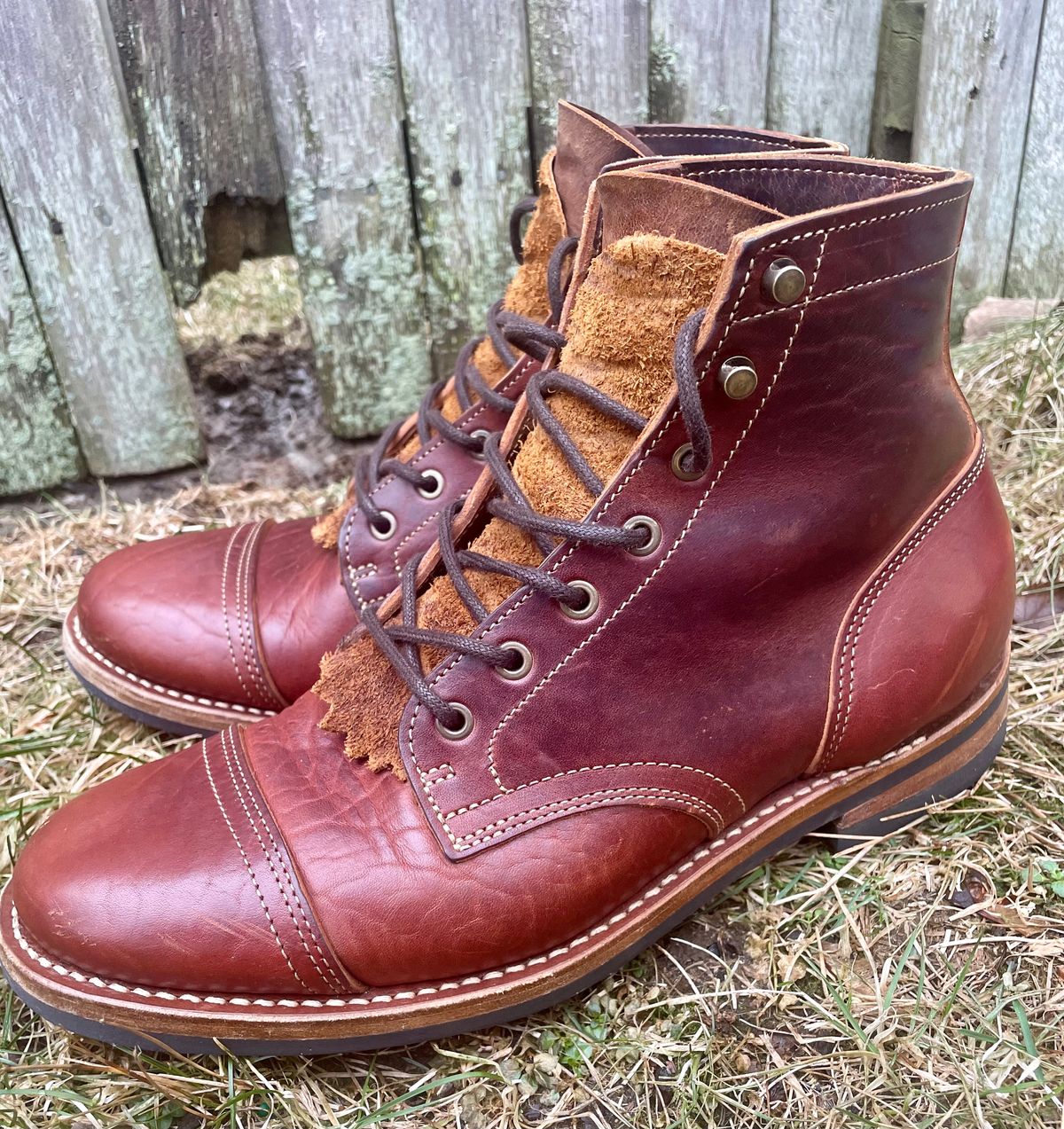 Photo by nomoresayswife on February 1, 2025 of the Truman Cap Toe Boot in Gallun leathers Cognac Horse Rump.