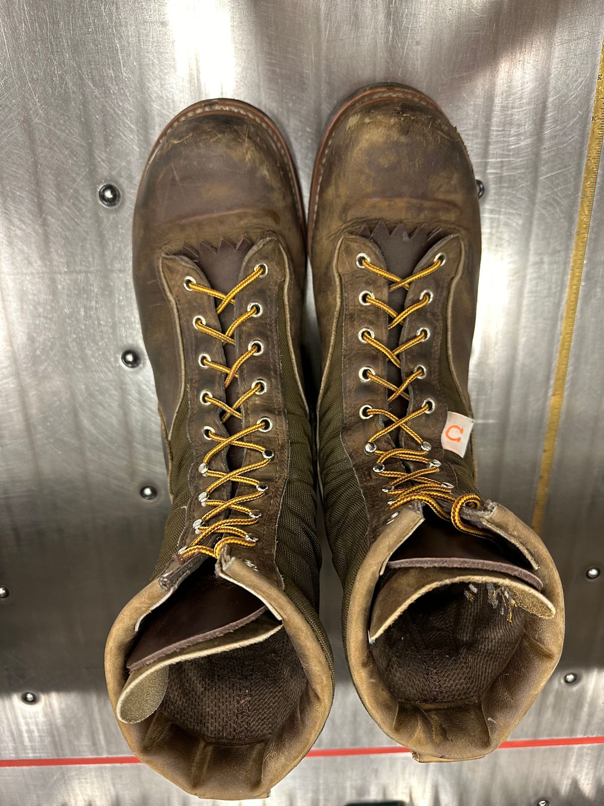 Photo by FtValloniaStreaker on January 4, 2024 of the Hall's Lace-To-Toe Lineman Boot in Brown Crazy Horse Oiled Leather.