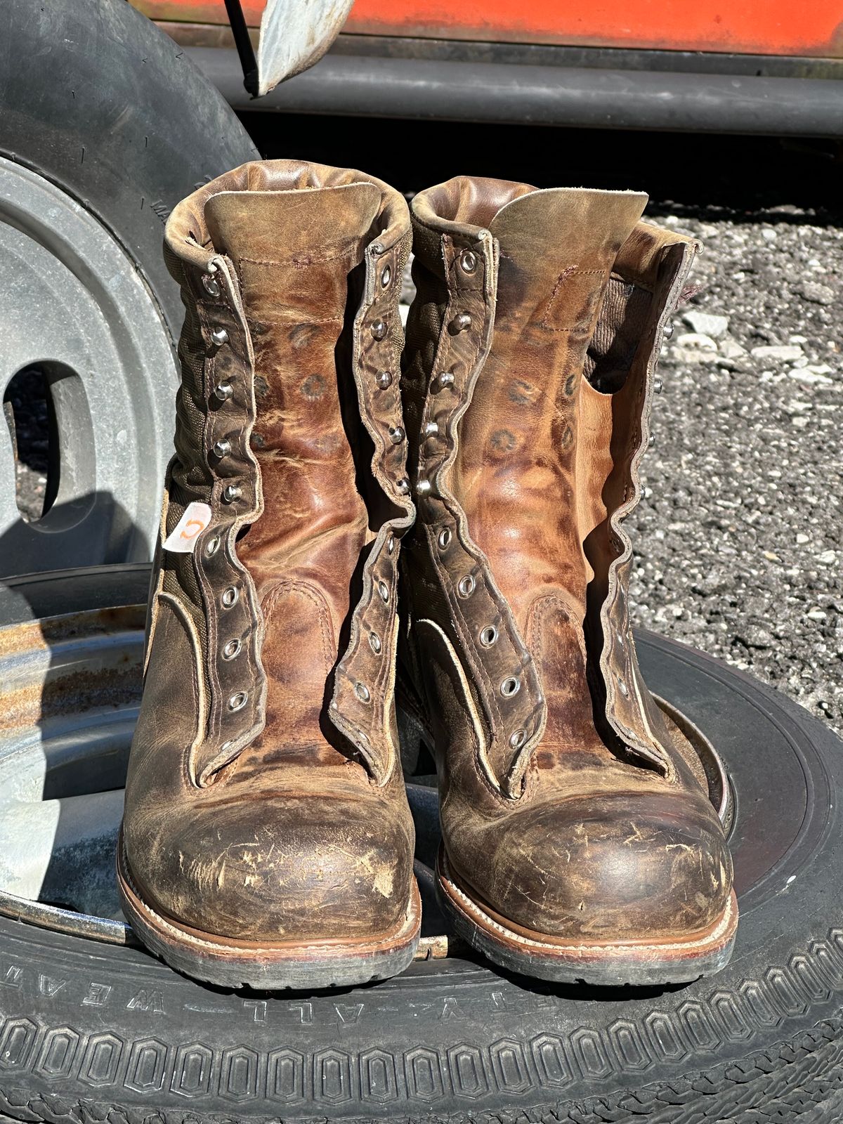 Photo by FtValloniaStreaker on February 3, 2024 of the Hall's Lace-To-Toe Lineman Boot in Brown Crazy Horse Oiled Leather.