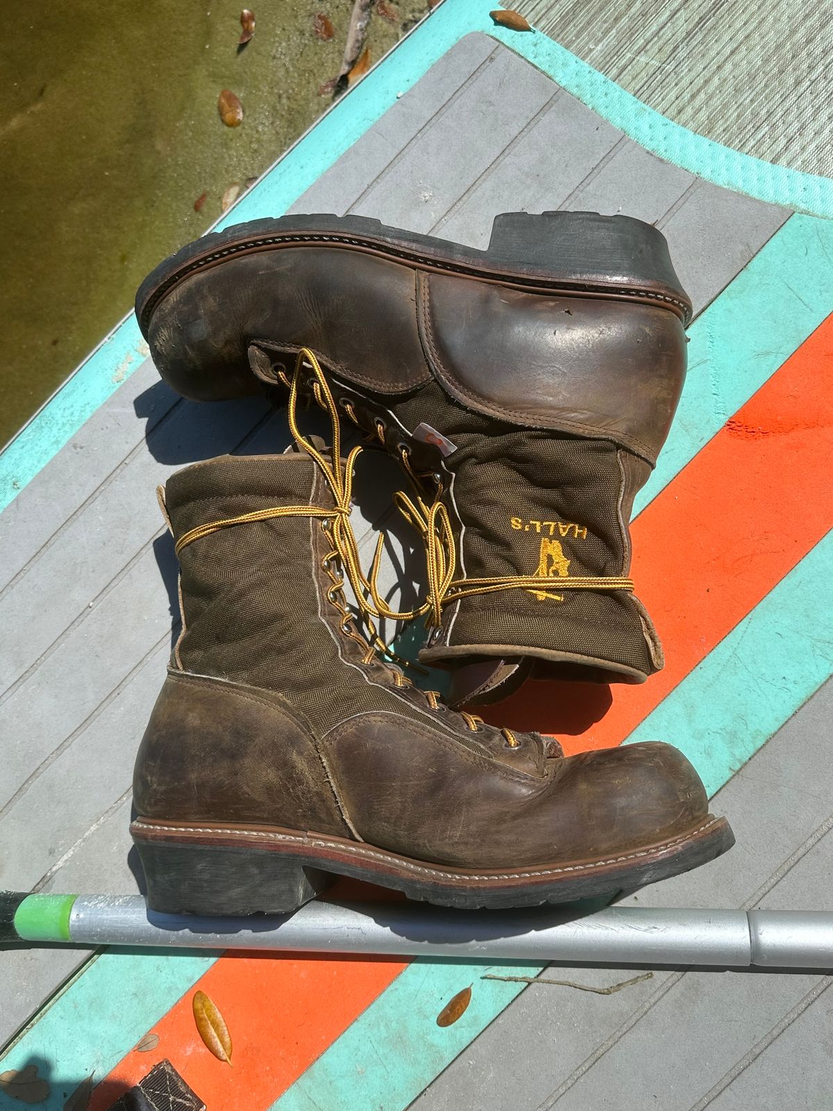Photo by FtValloniaStreaker on March 2, 2024 of the Hall's Lace-To-Toe Lineman Boot in Brown Crazy Horse Oiled Leather.