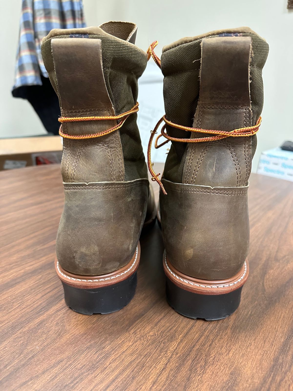 Photo by FtValloniaStreaker on October 2, 2023 of the Hall's Lace-To-Toe Lineman Boot in Brown Crazy Horse Oiled Leather.