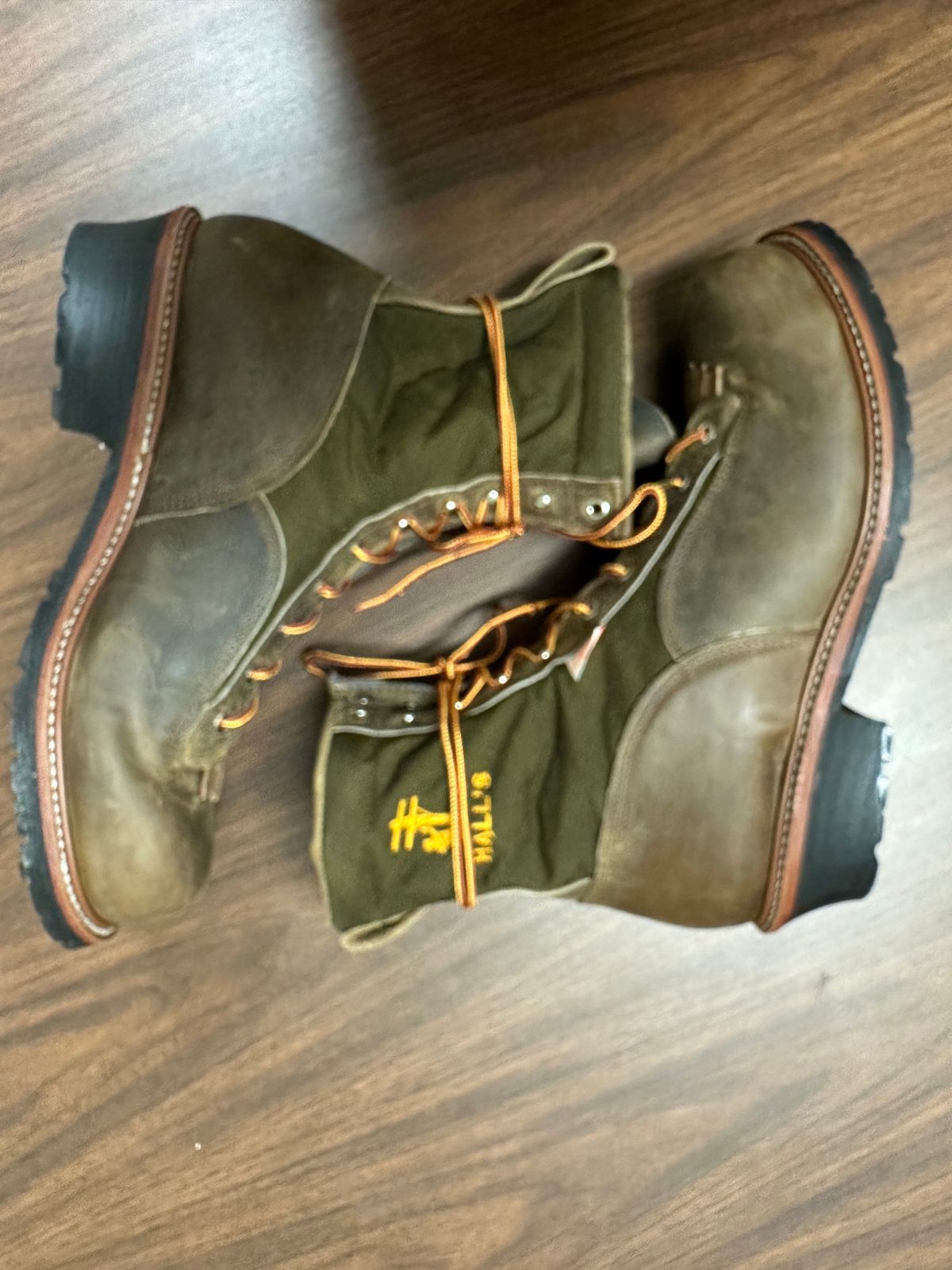 Photo by FtValloniaStreaker on October 2, 2023 of the Hall's Lace-To-Toe Lineman Boot in Brown Crazy Horse Oiled Leather.