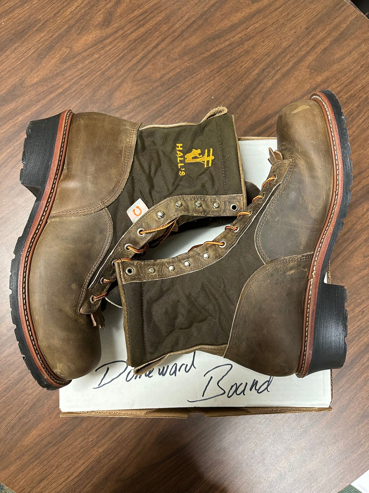 Photo by FtValloniaStreaker on October 2, 2023 of the Hall's Lace-To-Toe Lineman Boot in Brown Crazy Horse Oiled Leather.