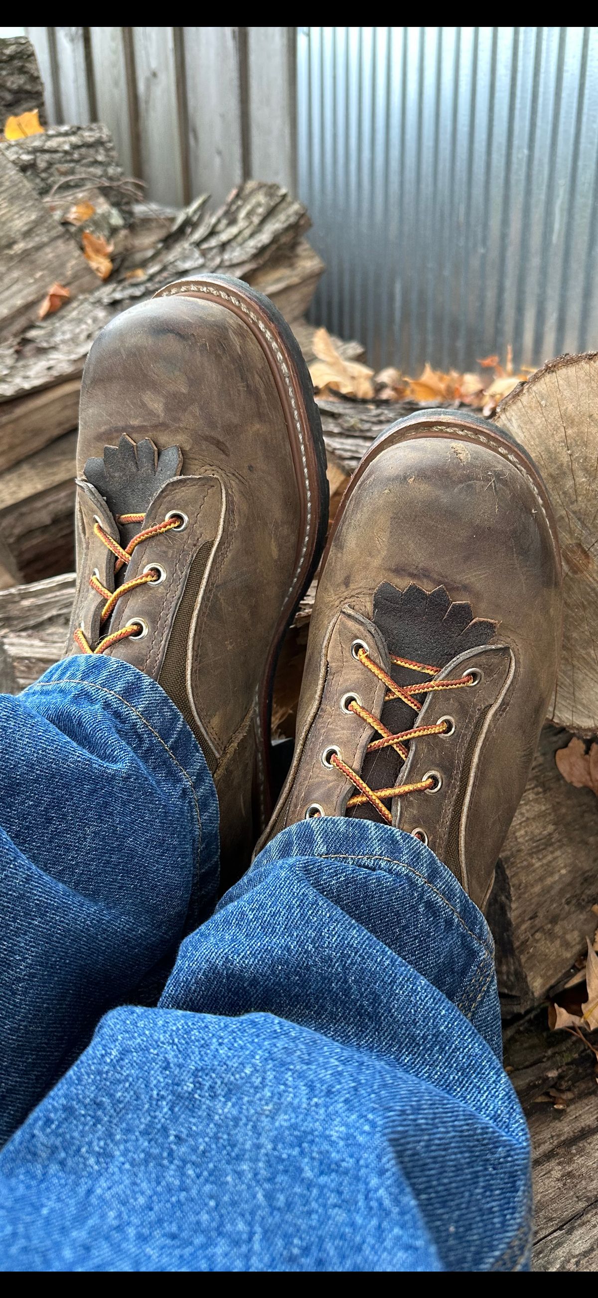 Photo by FtValloniaStreaker on October 24, 2023 of the Hall's Lace-To-Toe Lineman Boot in Brown Crazy Horse Oiled Leather.
