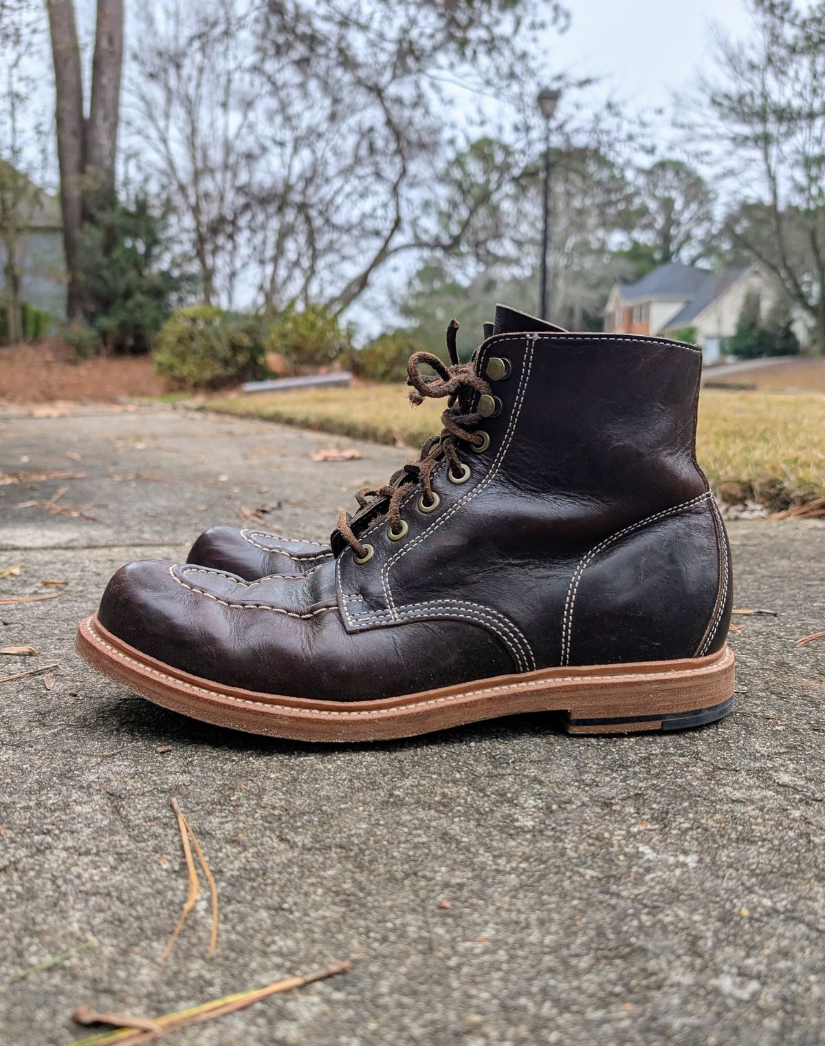 Photo by SIDO on December 4, 2025 of the Grant Stone Brass Boot in Dark Snuff Oiled Shoulder.