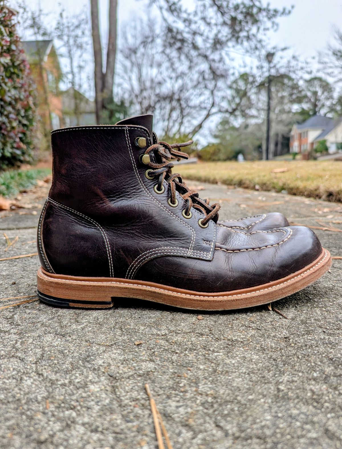 Photo by SIDO on December 4, 2025 of the Grant Stone Brass Boot in Dark Snuff Oiled Shoulder.