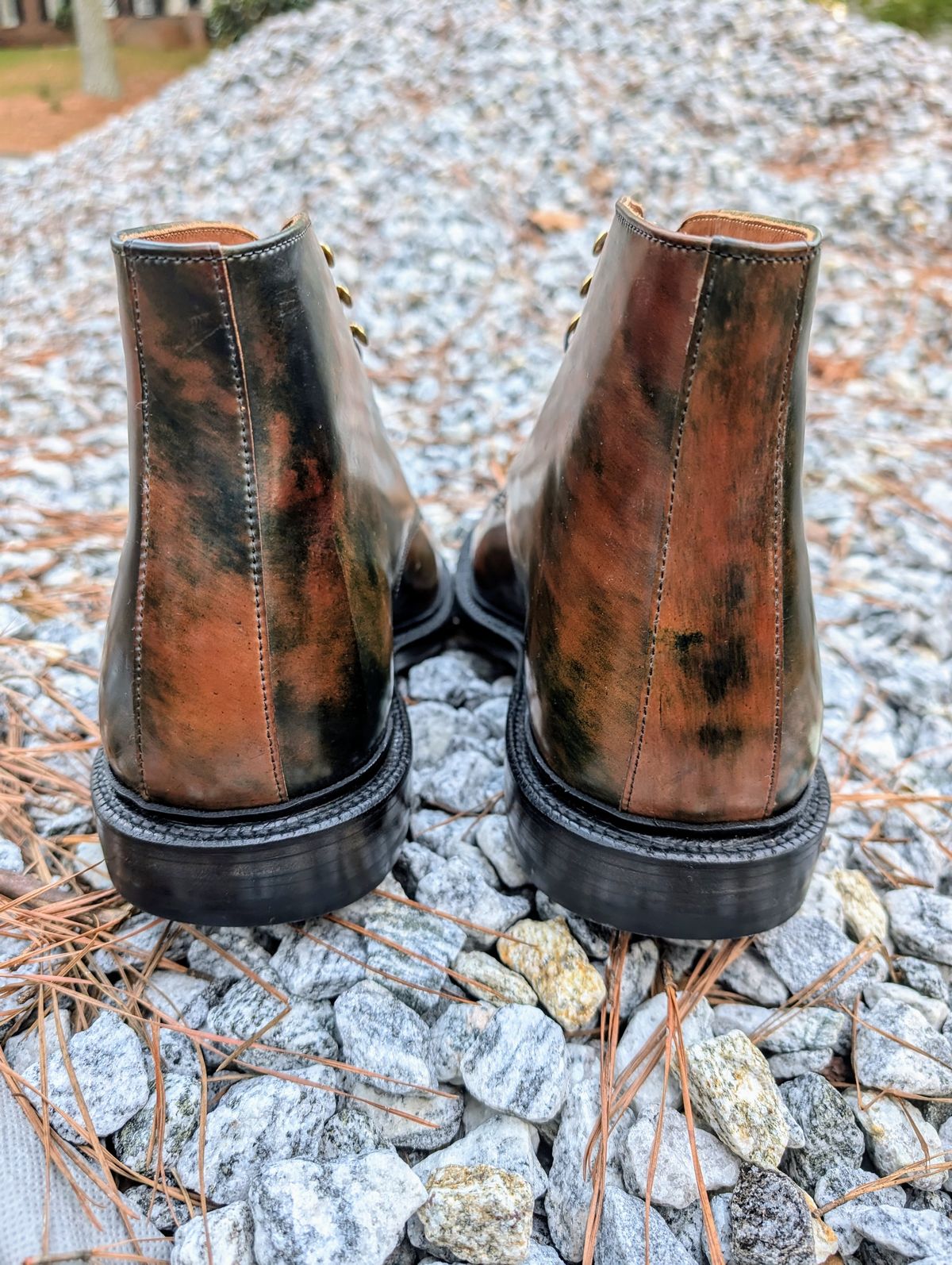 Photo by SIDO on October 3, 2024 of the Grant Stone Edward Boot in Horween Marbled Black Shell Cordovan.