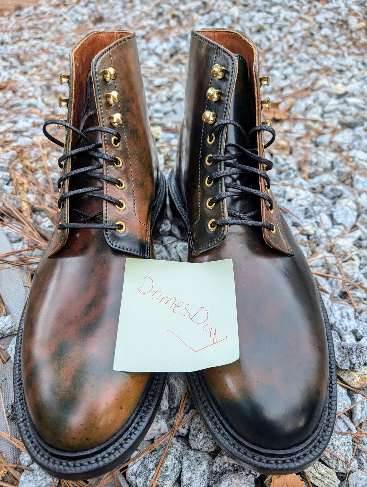 Photo by SIDO on October 3, 2024 of the Grant Stone Edward Boot in Horween Marbled Black Shell Cordovan.