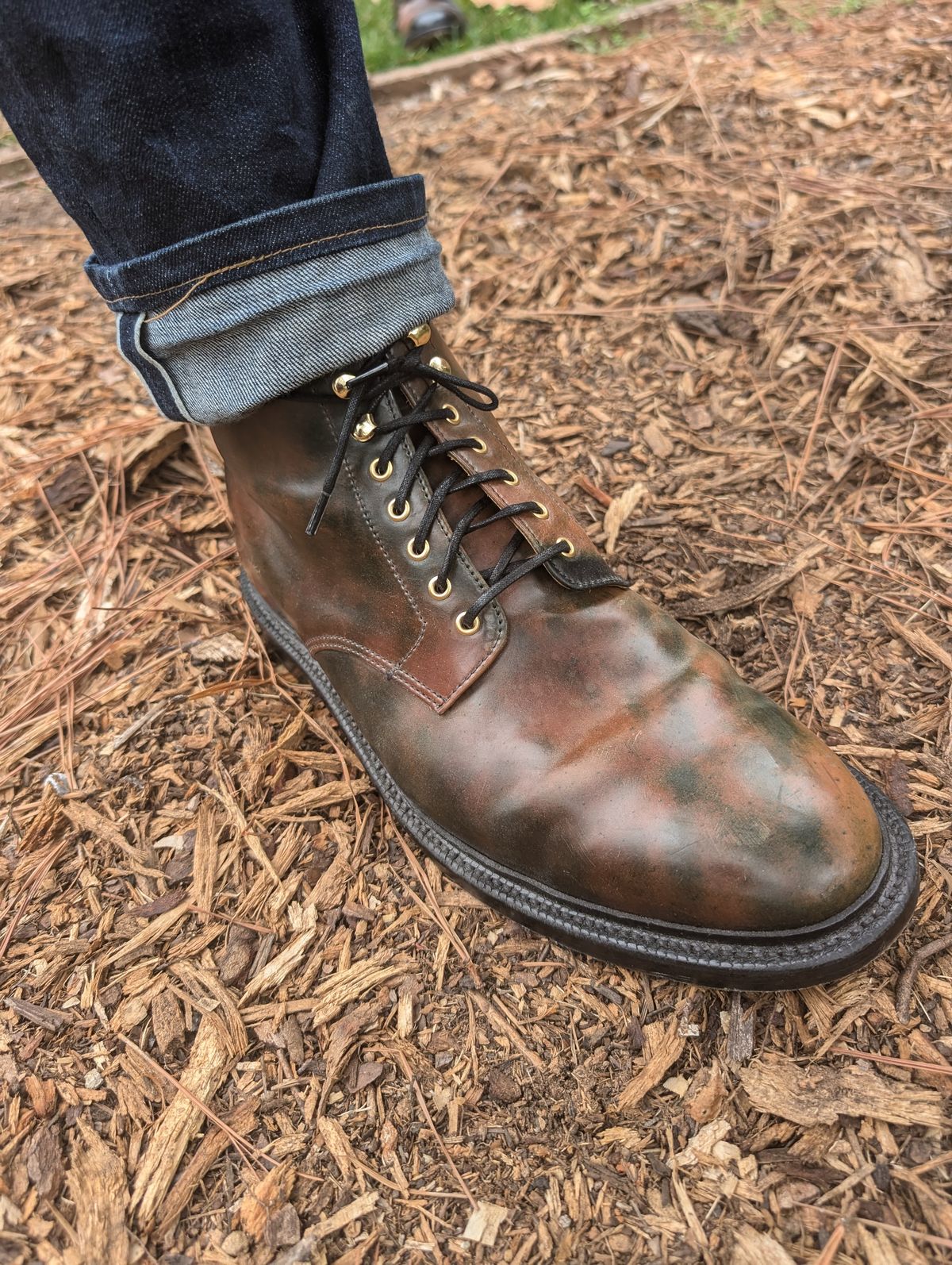 Photo by SIDO on November 1, 2024 of the Grant Stone Edward Boot in Horween Marbled Black Shell Cordovan.