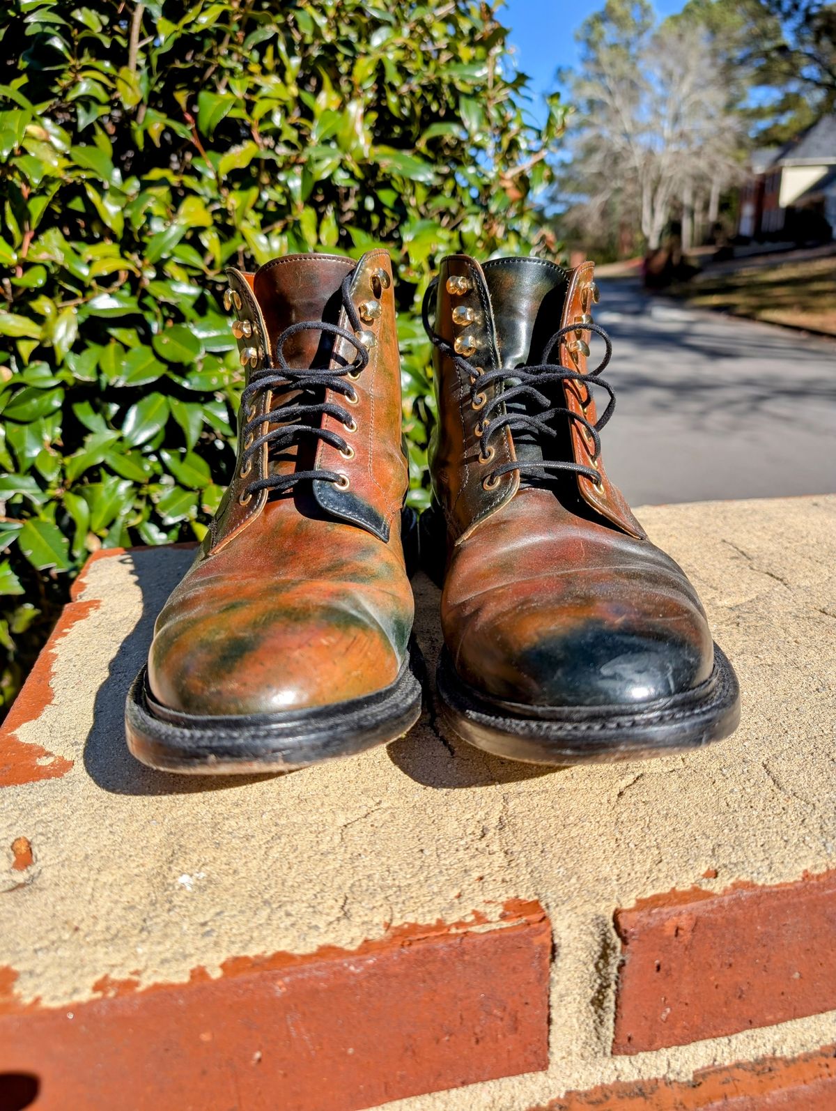 Photo by SIDO on December 2, 2024 of the Grant Stone Edward Boot in Horween Marbled Black Shell Cordovan.
