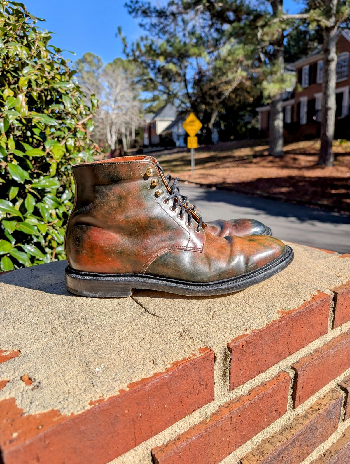 Photo by SIDO on December 2, 2024 of the Grant Stone Edward Boot in Horween Marbled Black Shell Cordovan.