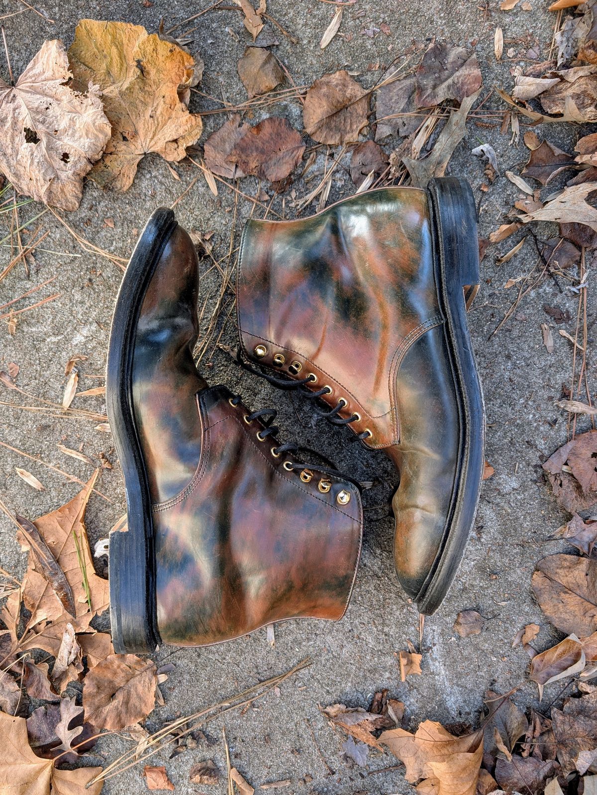 Photo by SIDO on January 4, 2025 of the Grant Stone Edward Boot in Horween Marbled Black Shell Cordovan.