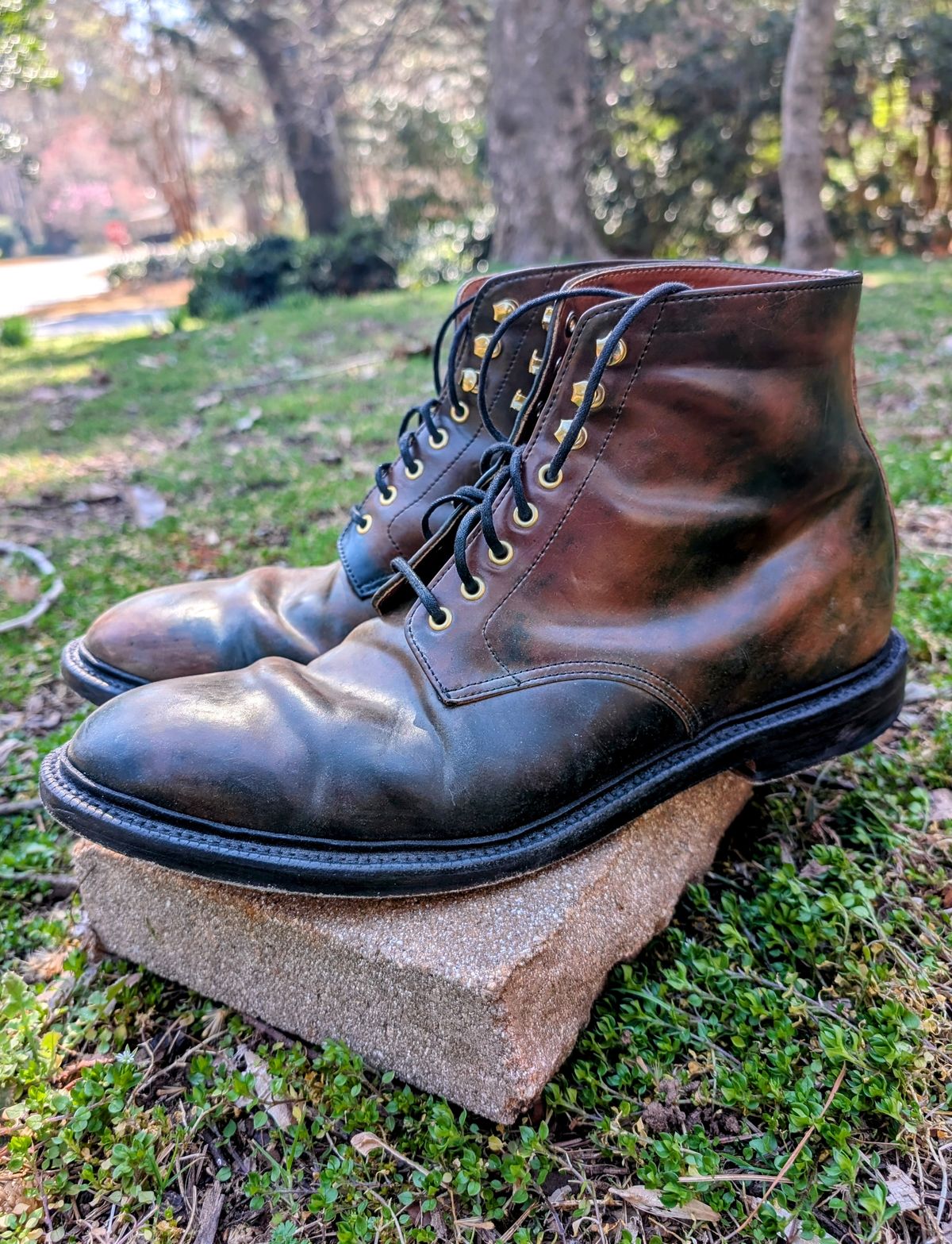 Photo by SIDO on March 1, 2025 of the Grant Stone Edward Boot in Horween Marbled Black Shell Cordovan.