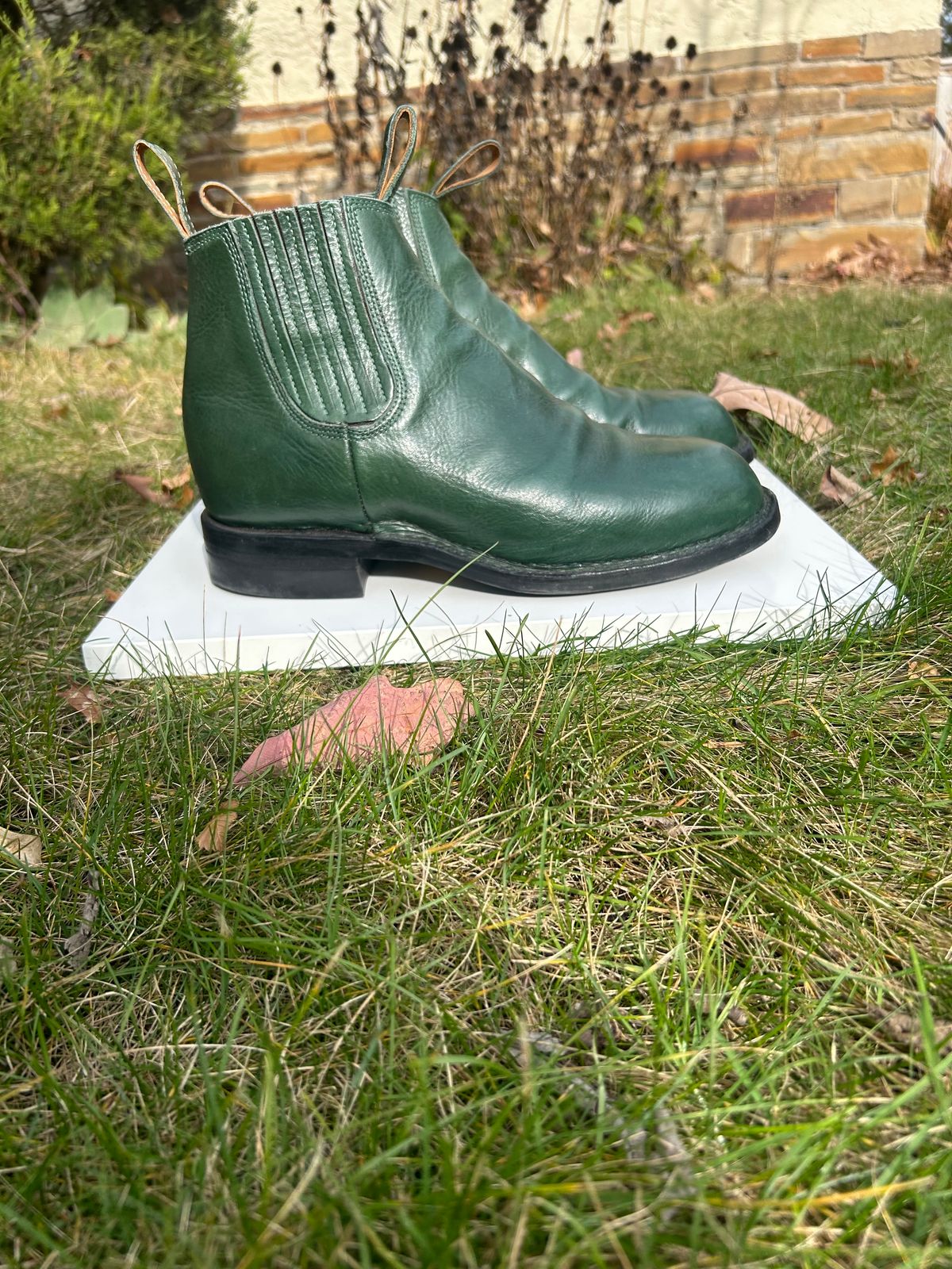 Photo by Tillman on November 5, 2023 of the Dierkes Covered gusset Chelsea Boot in Conceria Puccini Attilio Dark Green Koala.