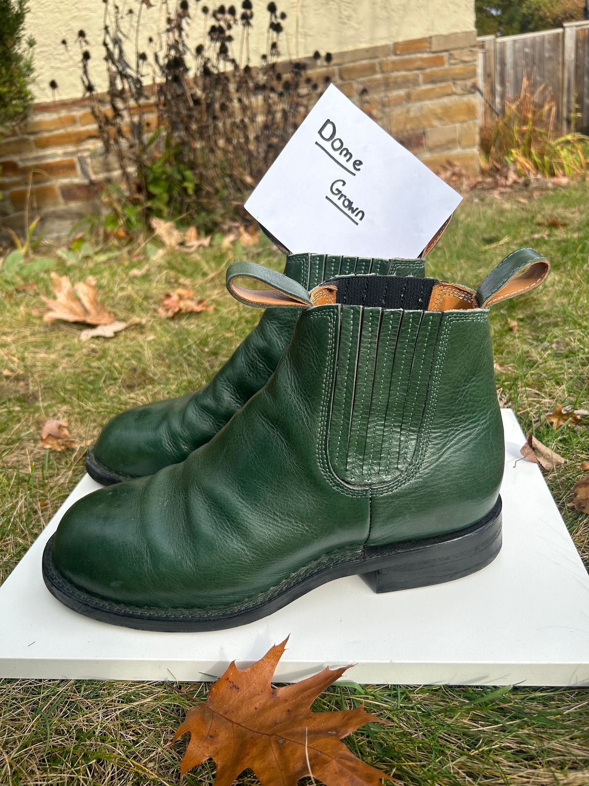 Photo by Tillman on November 5, 2023 of the Dierkes Covered gusset Chelsea Boot in Conceria Puccini Attilio Dark Green Koala.