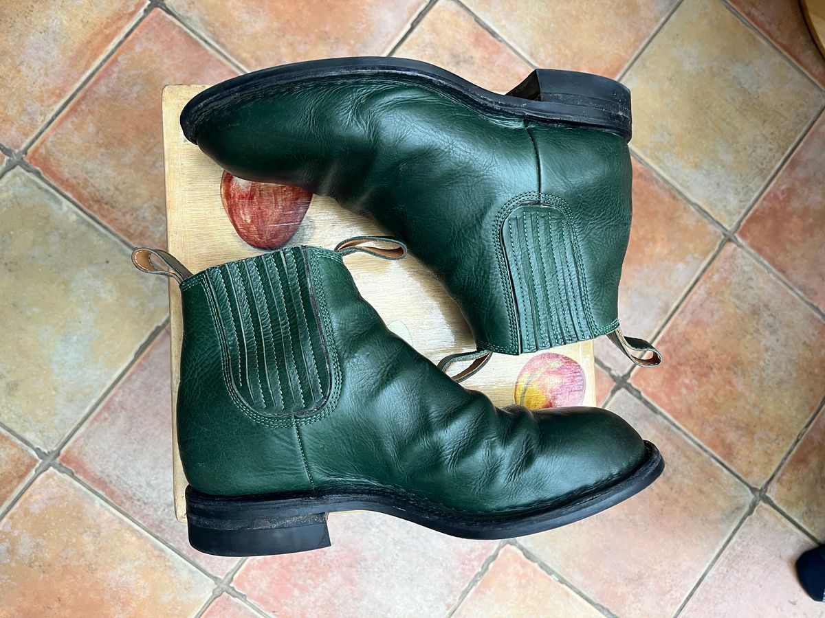 Photo by Tillman on January 6, 2024 of the Dierkes Covered gusset Chelsea Boot in Conceria Puccini Attilio Dark Green Koala.