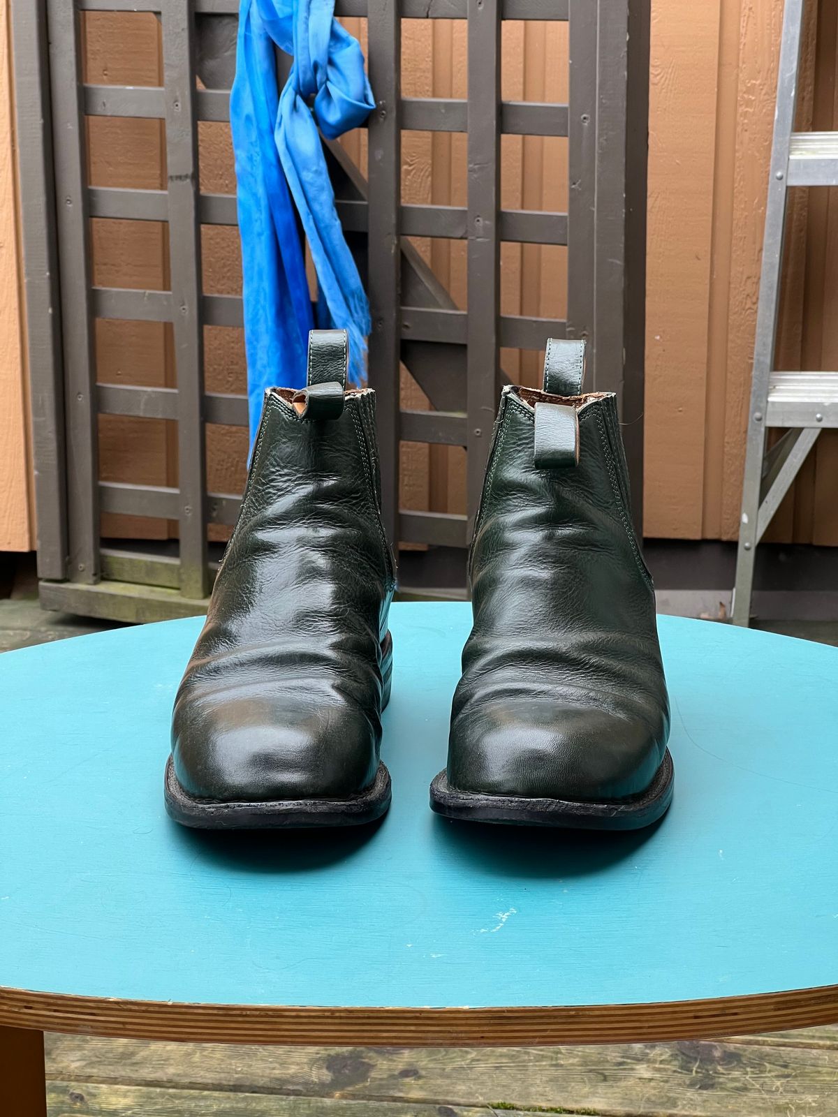 Photo by Tillman on February 3, 2024 of the Dierkes Covered gusset Chelsea Boot in Conceria Puccini Attilio Dark Green Koala.