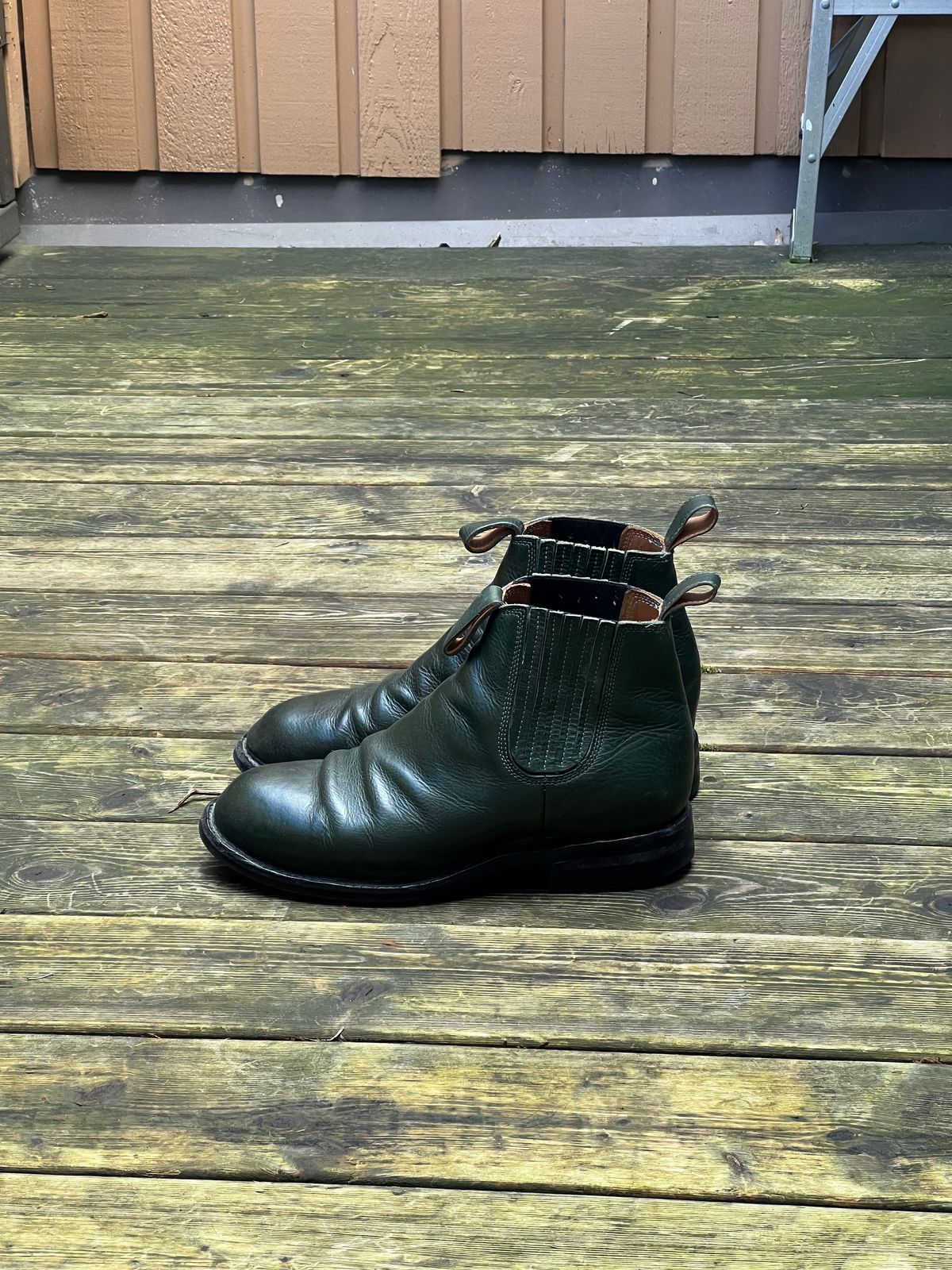 Photo by Tillman on March 4, 2024 of the Dierkes Covered gusset Chelsea Boot in Conceria Puccini Attilio Dark Green Koala.