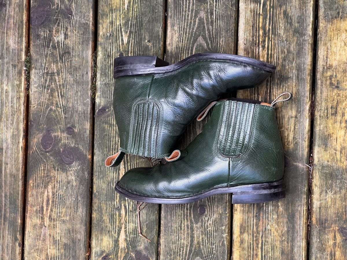 Photo by Tillman on March 4, 2024 of the Dierkes Covered gusset Chelsea Boot in Conceria Puccini Attilio Dark Green Koala.