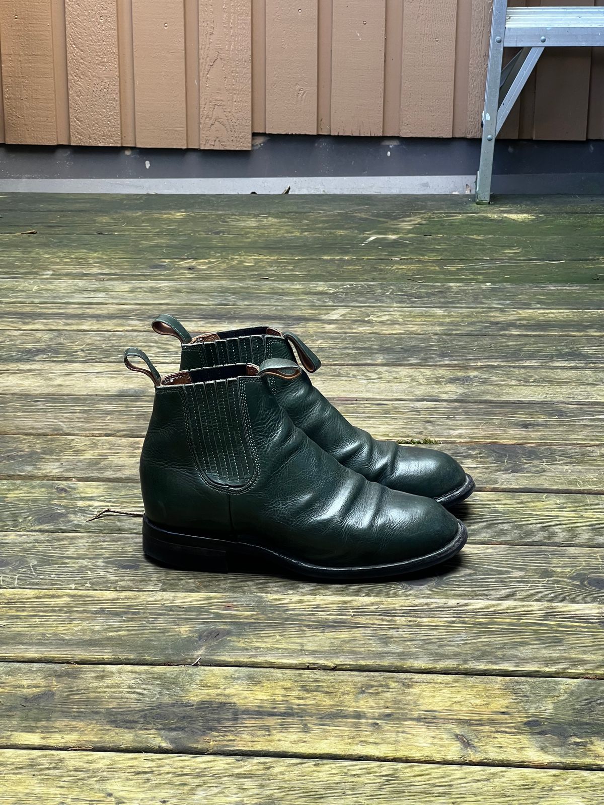 Photo by Tillman on March 4, 2024 of the Dierkes Covered gusset Chelsea Boot in Conceria Puccini Attilio Dark Green Koala.