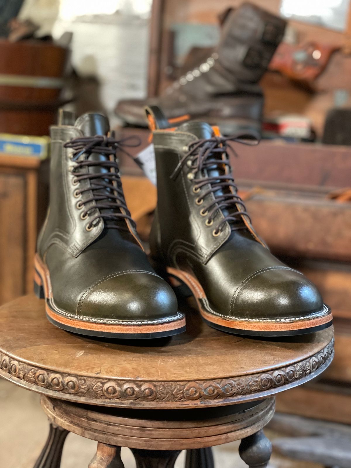 Photo by cobblertobias on October 6, 2023 of the Bordon Tukano Boots in Wickett & Craig Olive H Latigo.