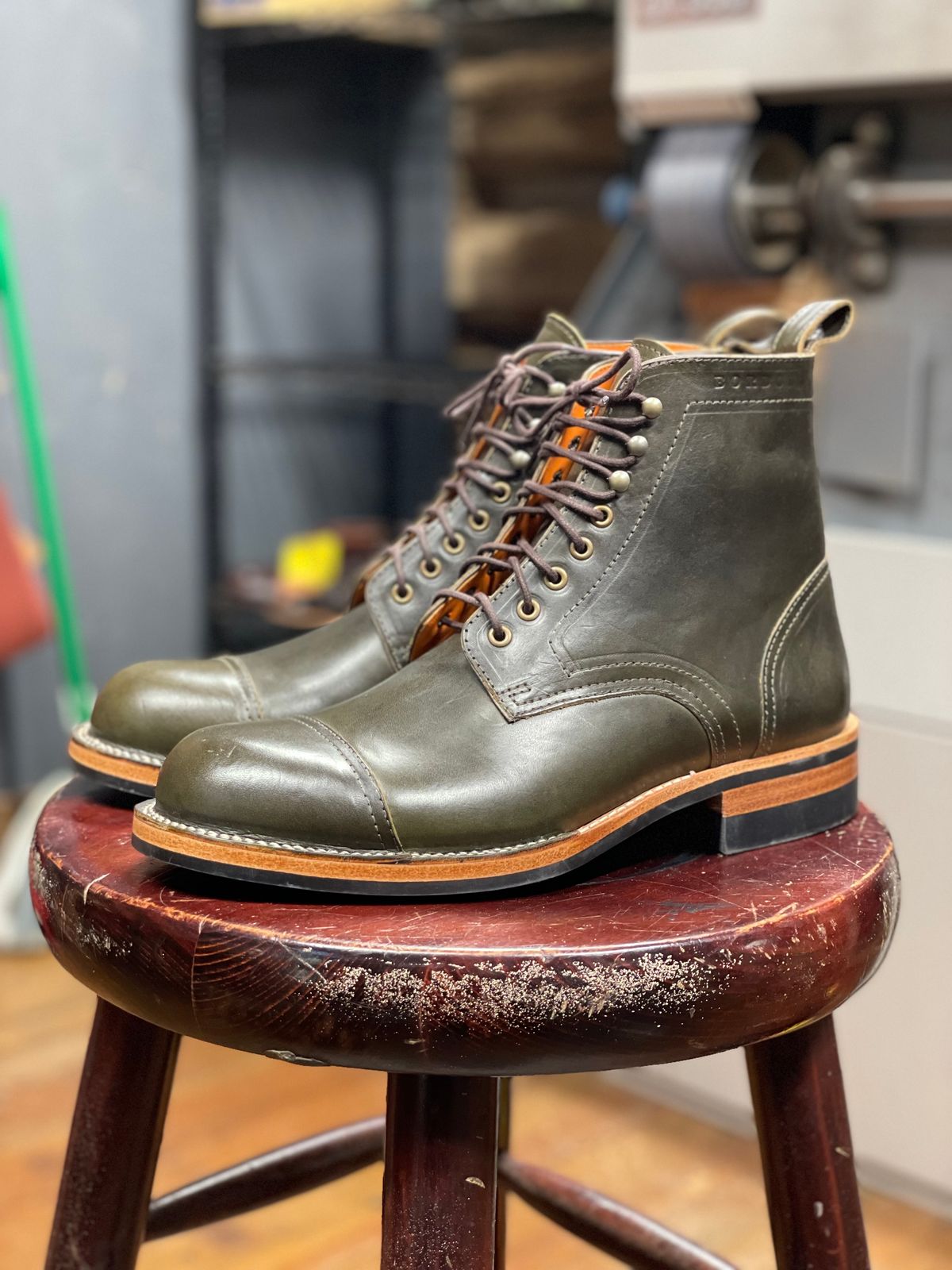Photo by cobblertobias on October 6, 2023 of the Bordon Tukano Boots in Wickett & Craig Olive H Latigo.