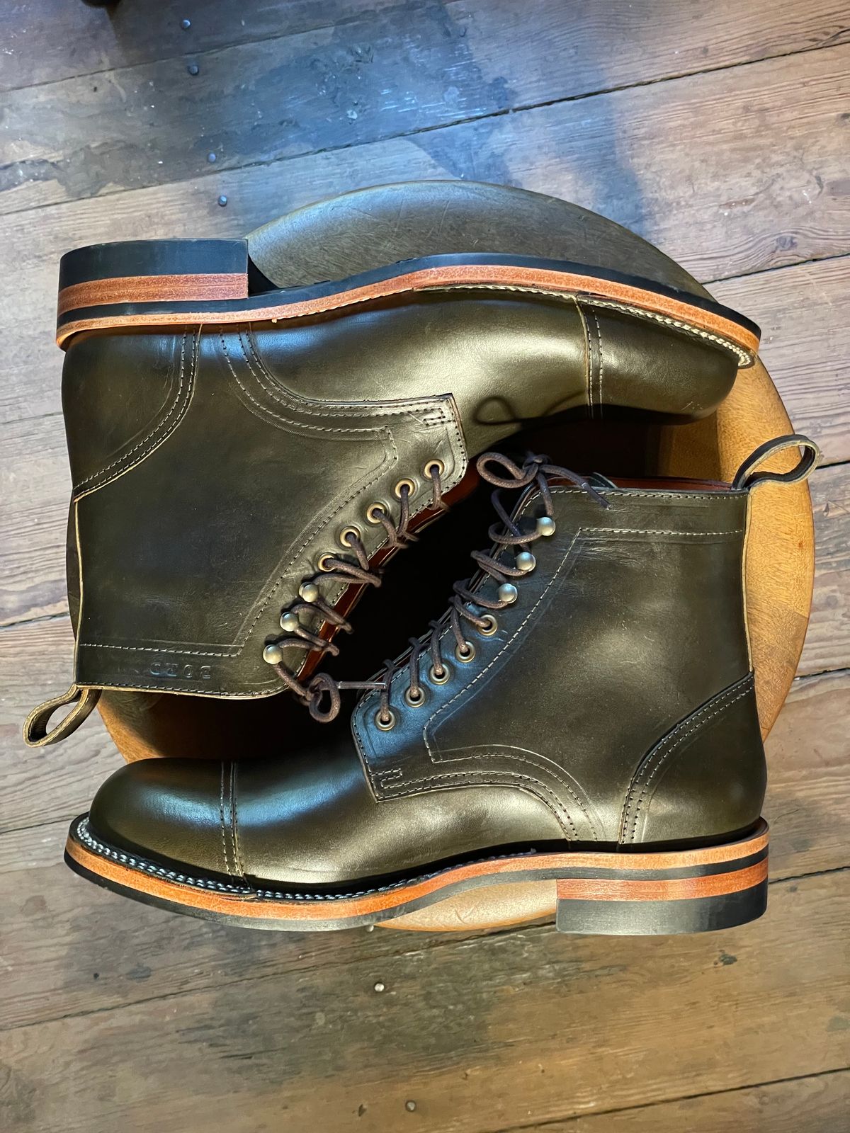 Photo by cobblertobias on October 6, 2023 of the Bordon Tukano Boots in Wickett & Craig Olive H Latigo.