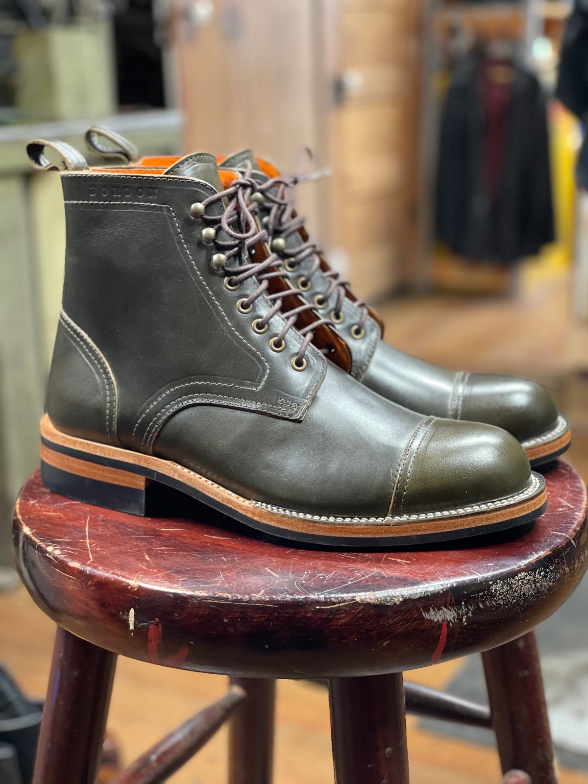 Photo by cobblertobias on October 6, 2023 of the Bordon Tukano Boots in Wickett & Craig Olive H Latigo.
