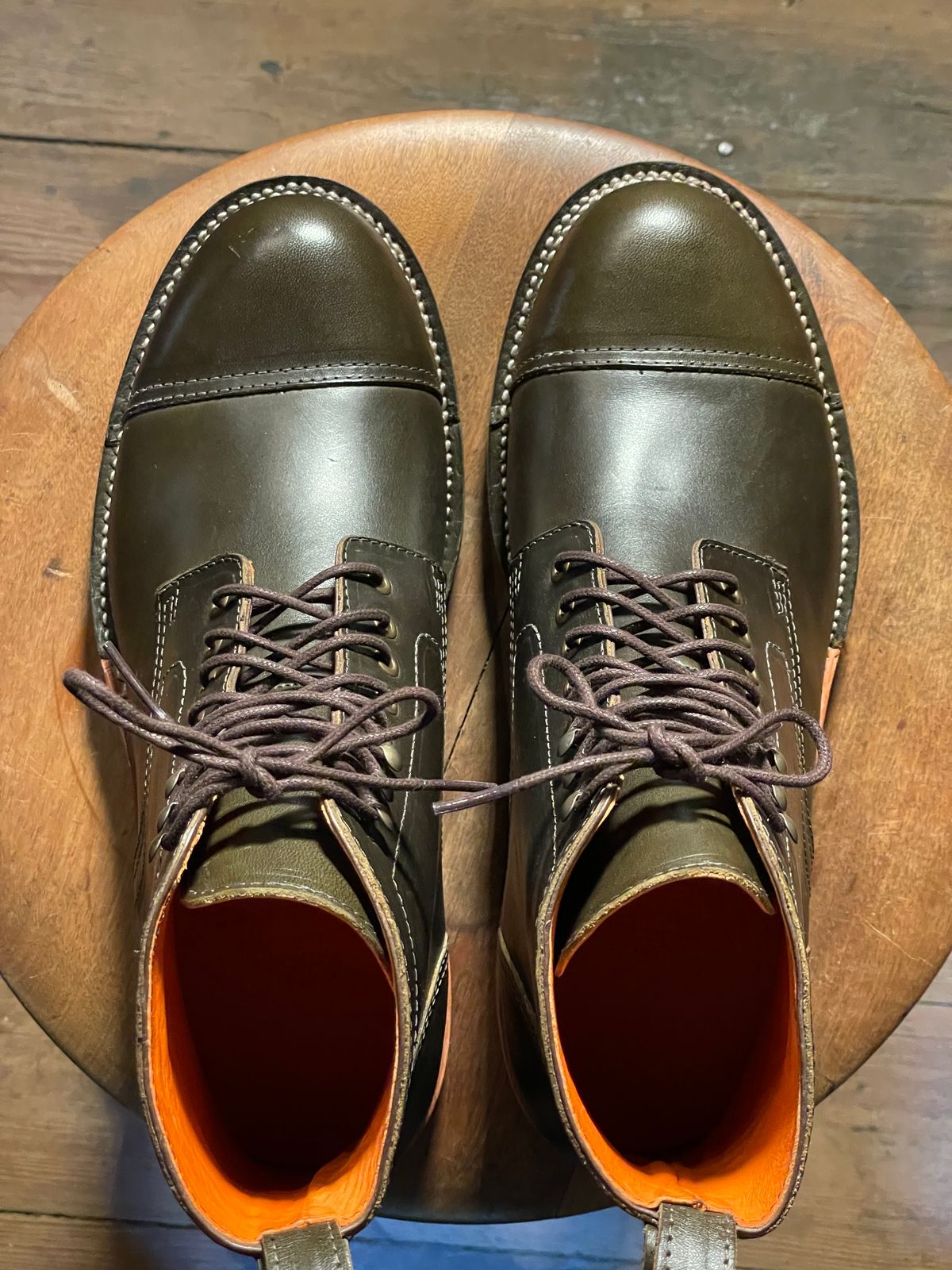 Photo by cobblertobias on October 6, 2023 of the Bordon Tukano Boots in Wickett & Craig Olive H Latigo.