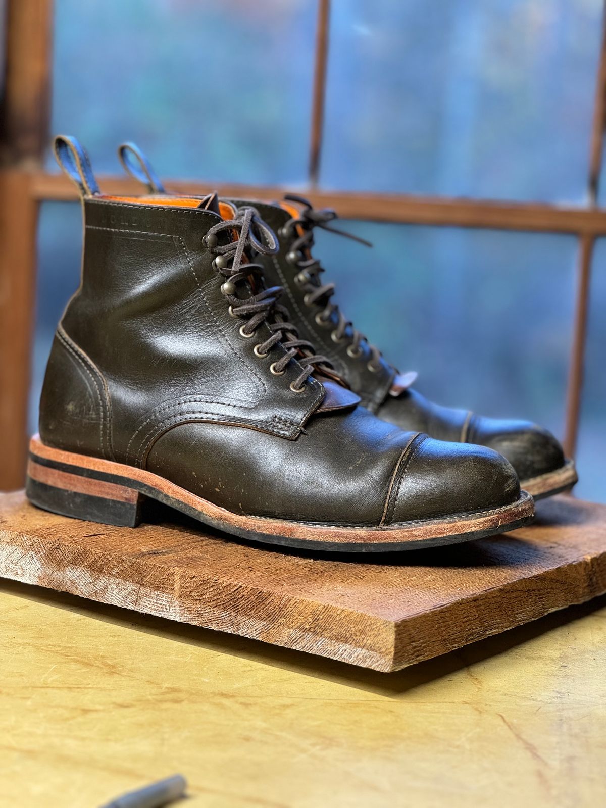 Photo by cobblertobias on November 3, 2023 of the Bordon Tukano Boots in Wickett & Craig Olive H Latigo.