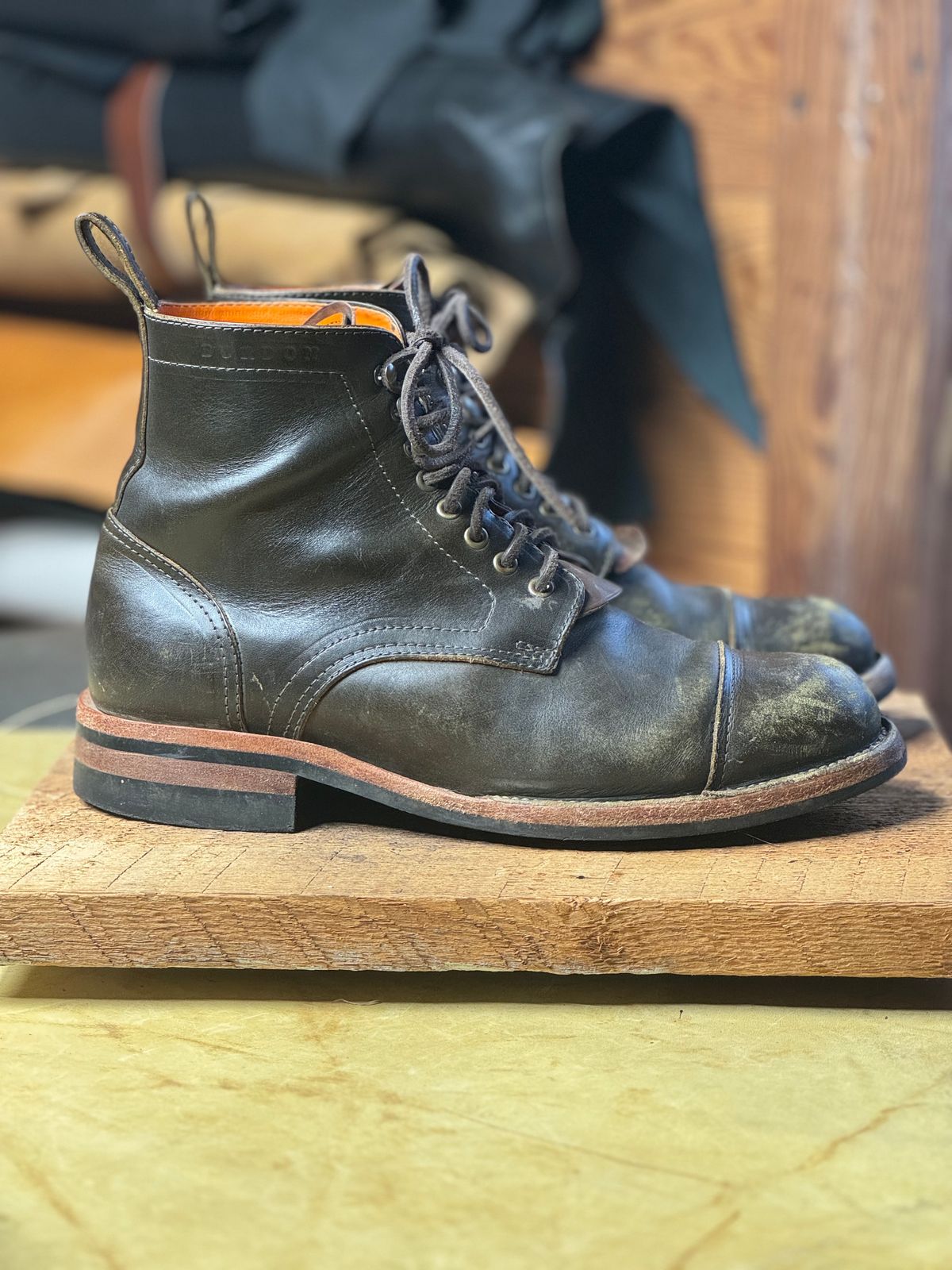 Photo by cobblertobias on December 1, 2023 of the Bordon Tukano Boots in Wickett & Craig Olive H Latigo.