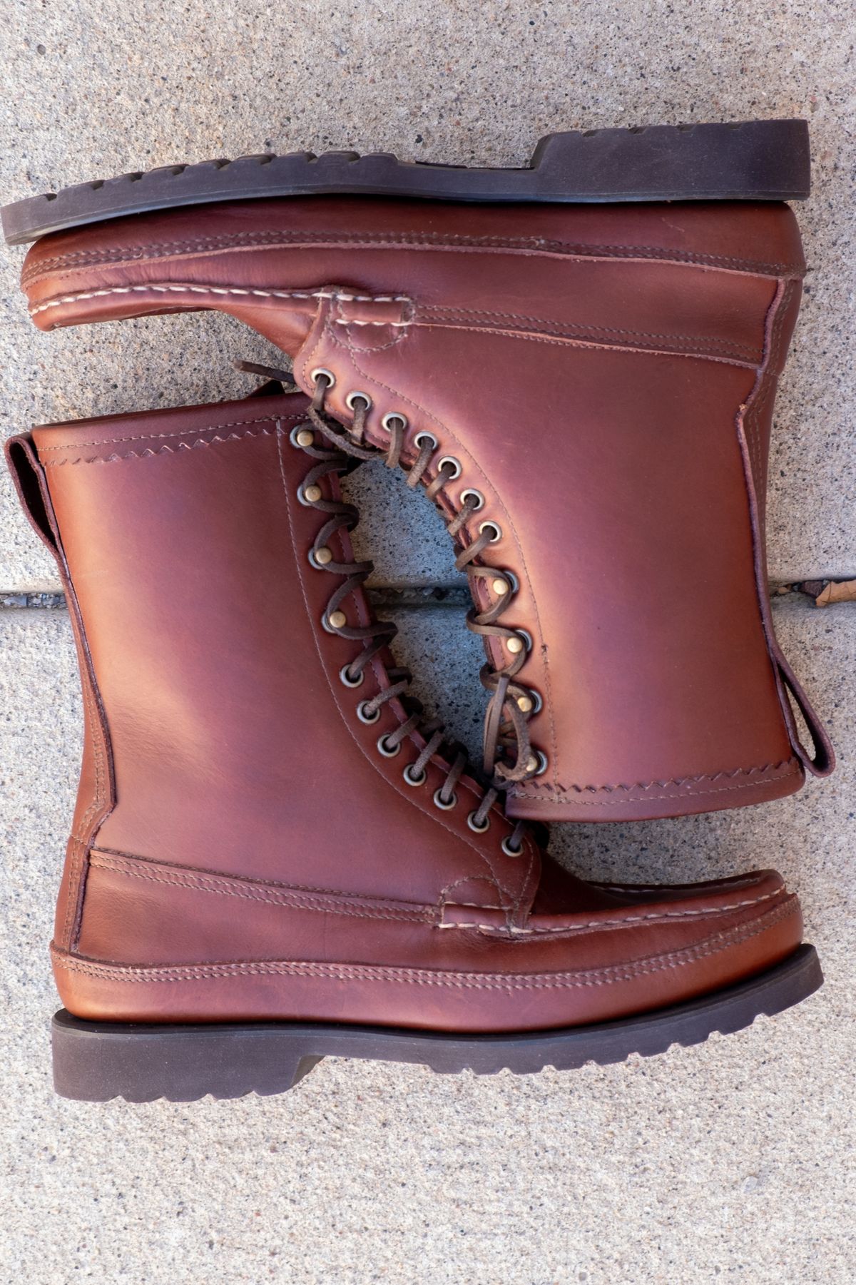 Photo by stitchedsoles on October 1, 2025 of the Russell Moccasin Co. South 40 Birdshooter in Walnut Timberjack.